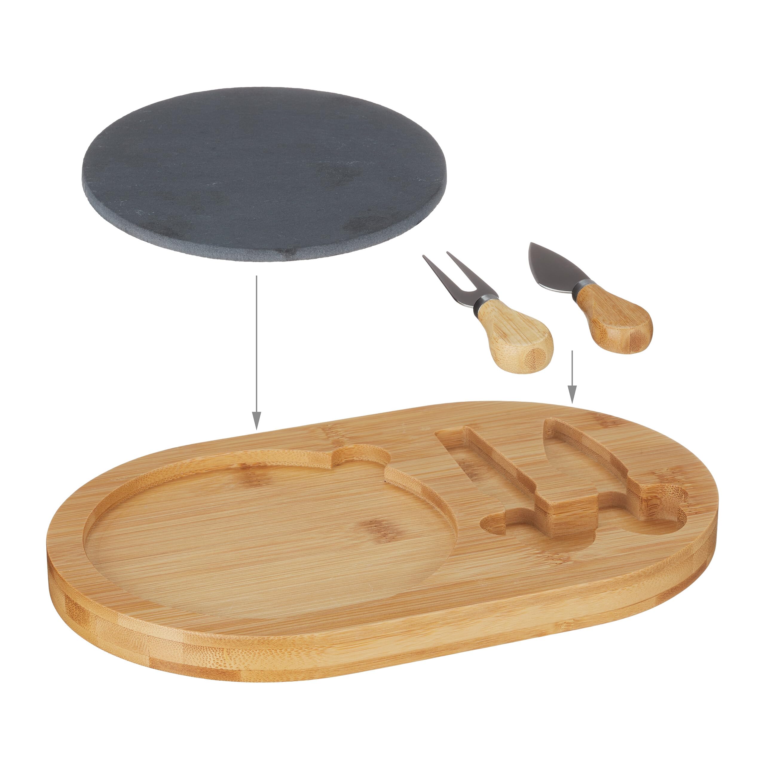Relaxdays Set Tabla de Quesos, Bandeja Embutidos con 2 Cubiertos, Plato Pizarra, 28 x 18 cm, Bambú, Natural y Negro