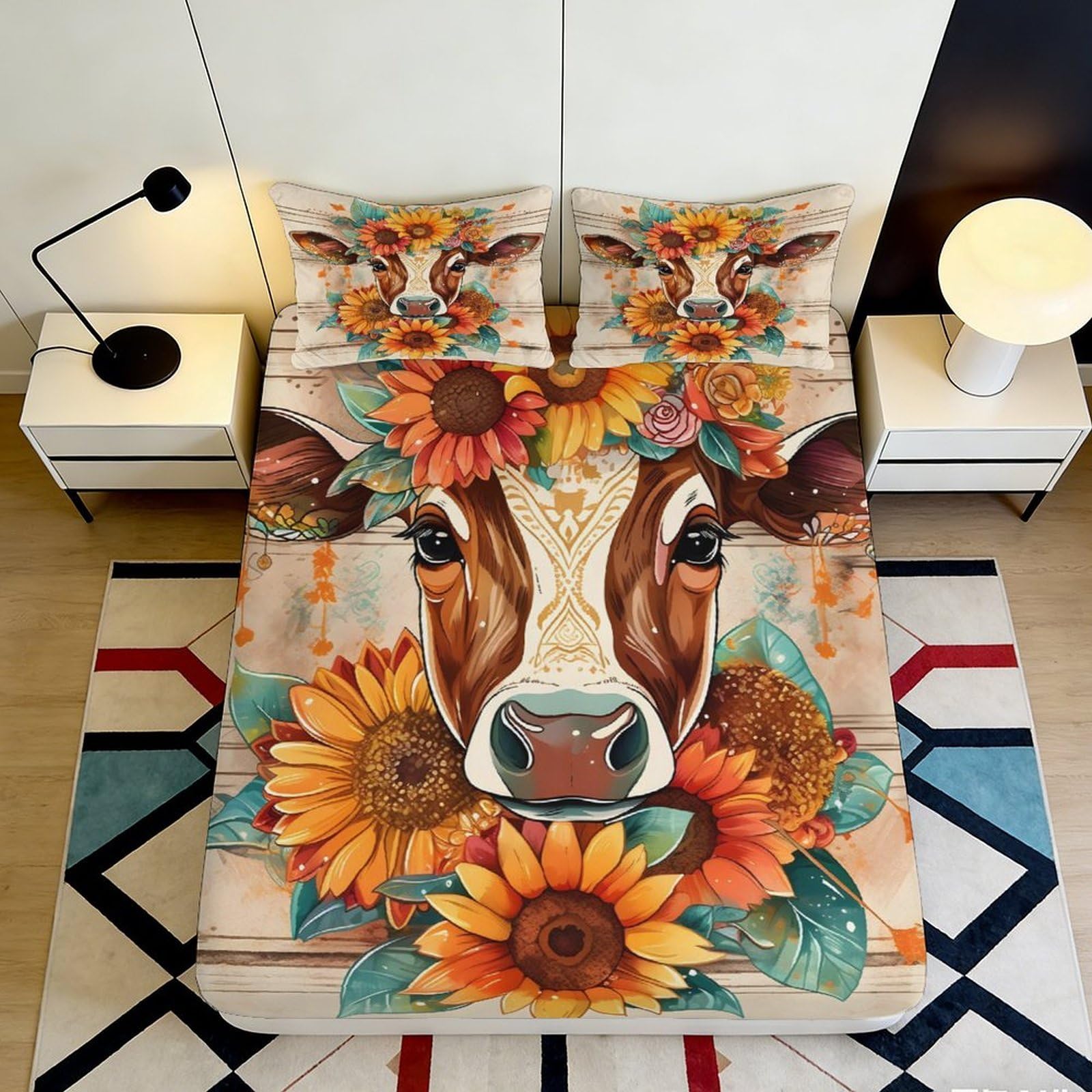 3D Printed Sunflower Cow Fitted Sheet Microfiber Non-Slip Deep Pocket Sunflower Cow Mattress Fitted Cover Washable for Bedroom Home 140x200x25cm