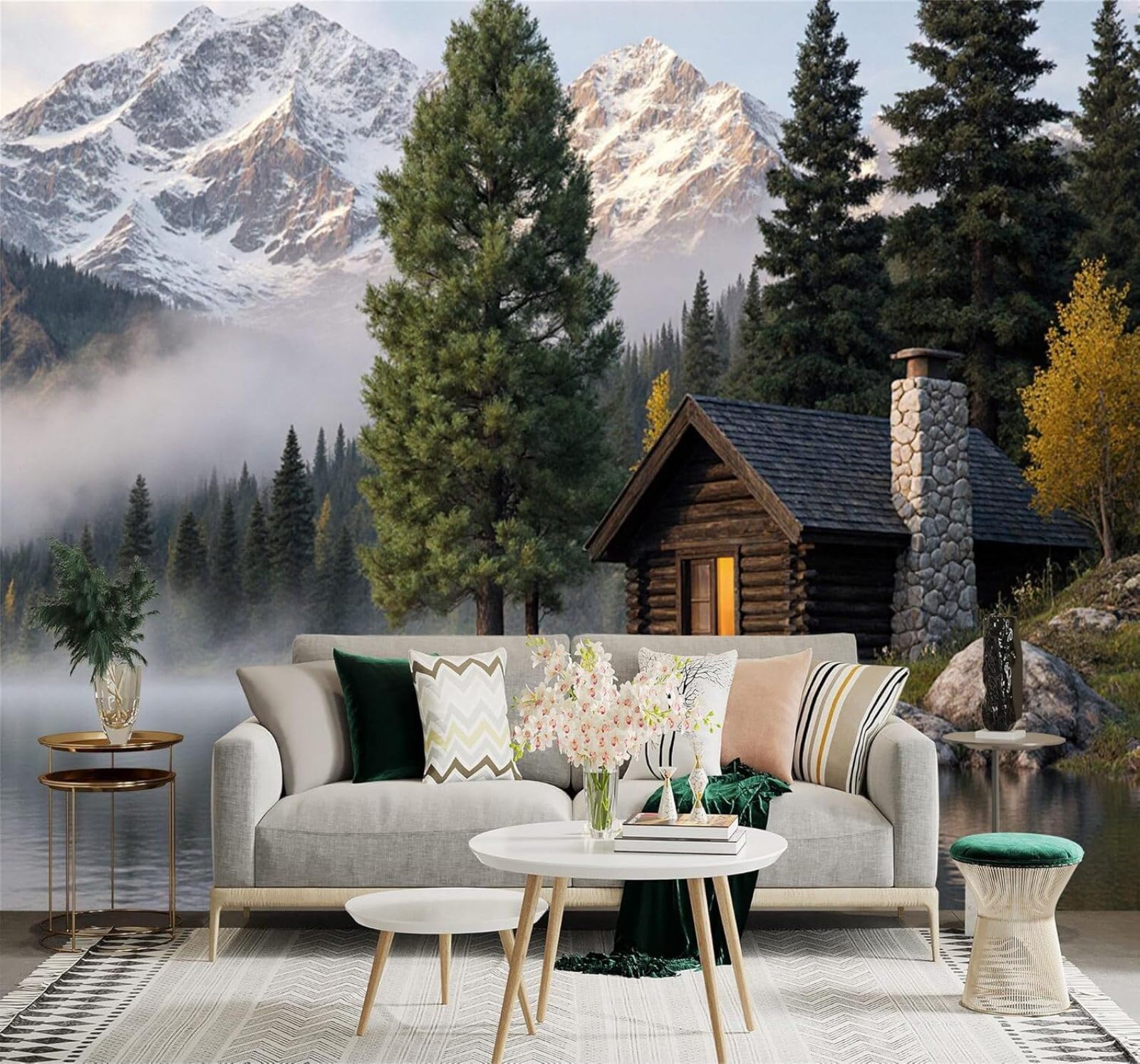 Xlming 400Cm×280Cm(B×H) Cosy Lakeside Cottage Pine Trees Snow Capped Mountains Natural Scenery 3D Wallpaper Premium Textured Silk Study Dining Living Room Bedroom Sofa Tv Wall Easy Install-400Cm×280Cm