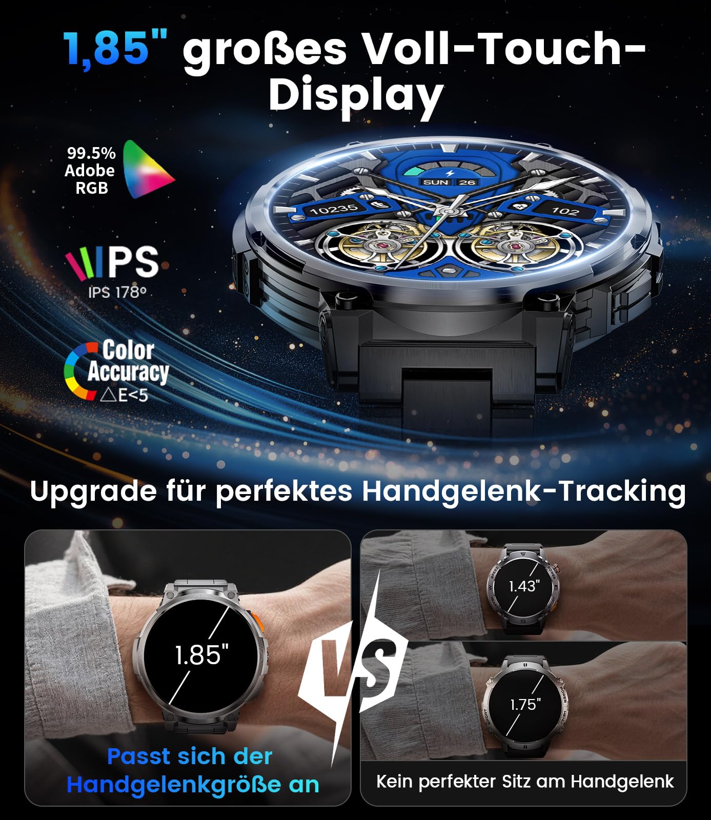 ESFOE Reloj Inteligente Hombre Militar con 1000mAh/LED Linterna,1.85” Grandes Smartwatch Hombre Llamadas,5 ATM Impermeable/130+ Modos Deportivos/Pulsómetro,Pulsera Actividad Android iOS Carbón Mate