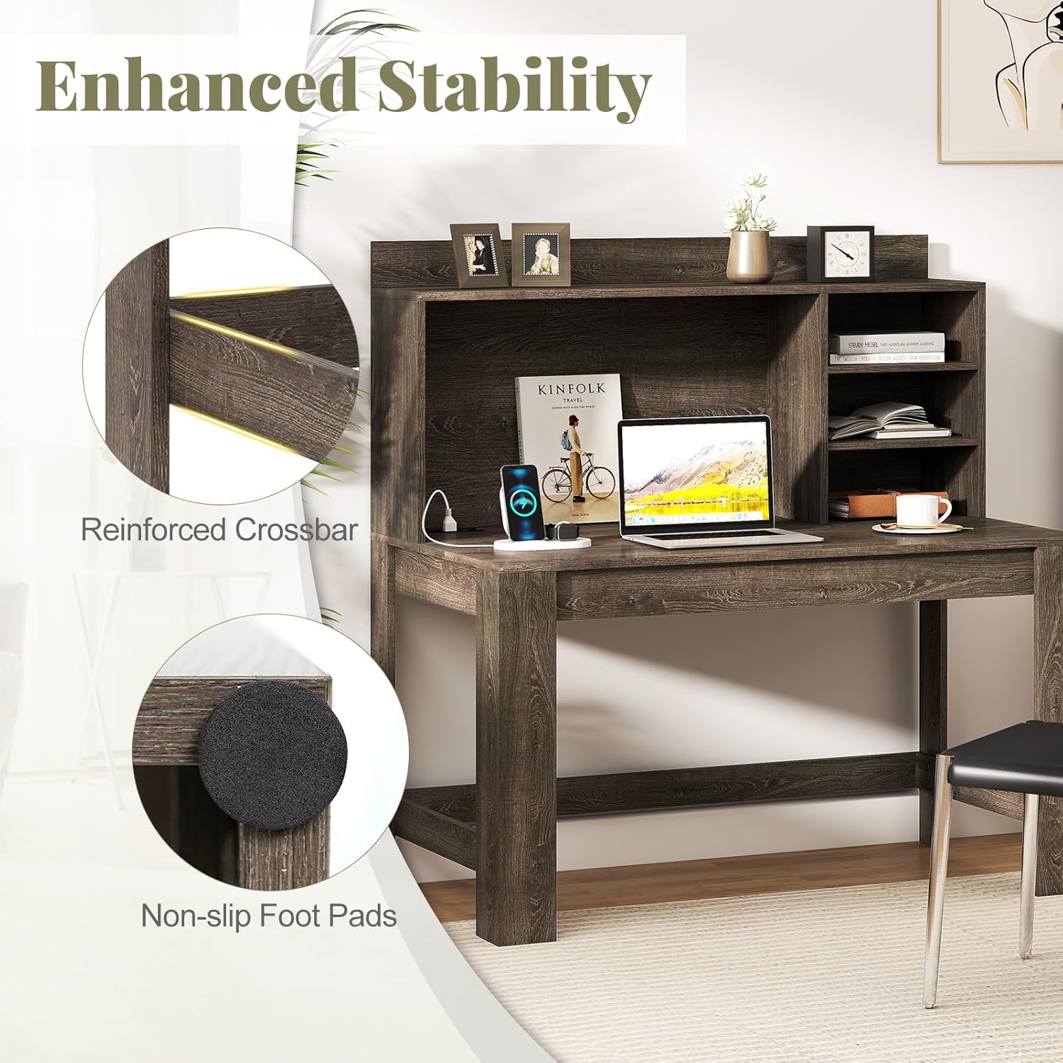 Giantex Computer Desk with Hutch, Modern Home Office Desk with Power Outlets, Storage Shelves & Cable Hole, Makeup Vanity Table, Study Writing Desk for Bedroom Office Small Space (Grey Oak)