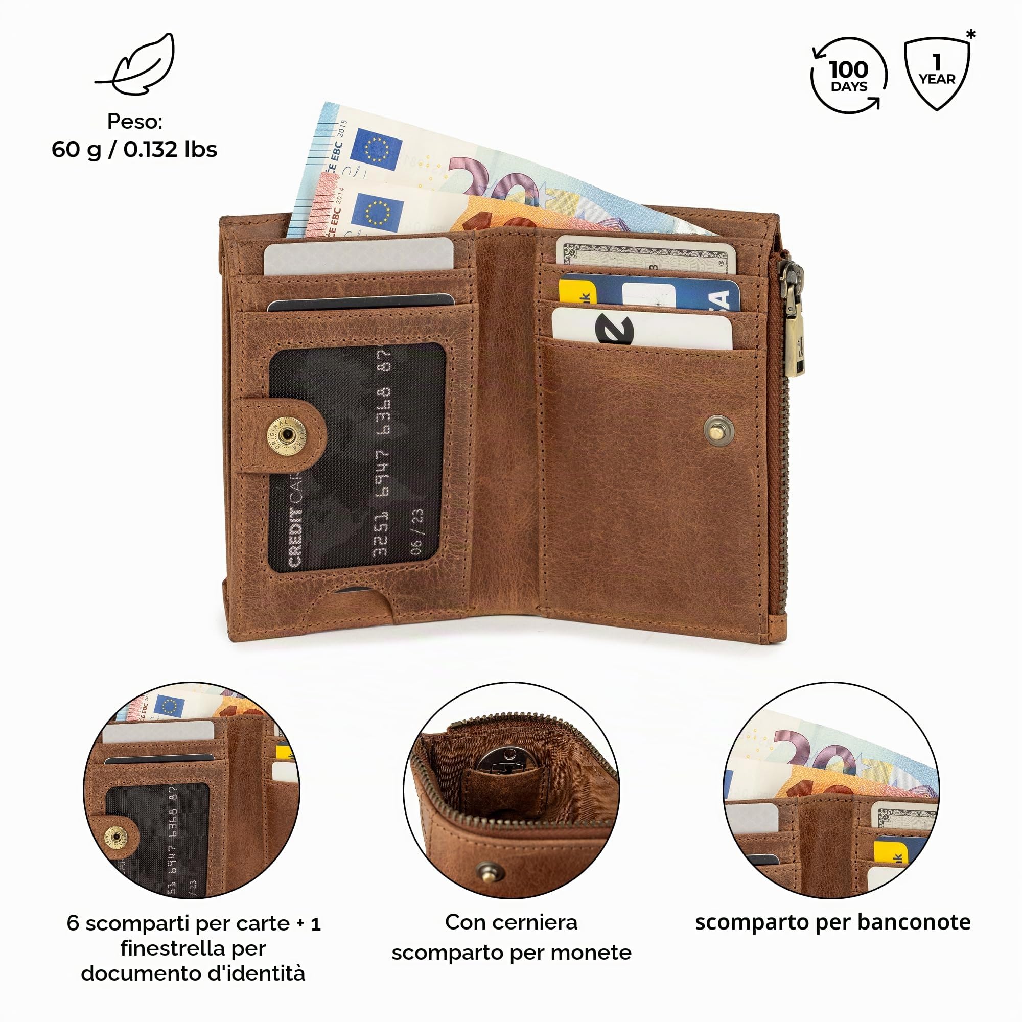 Berliner Bags Portafoglio Donna Pelle Blanca, Compatto con Portamonete, Porta Carte e Protezione RFID, Portafoglio Piccolo Capiente – Marrone