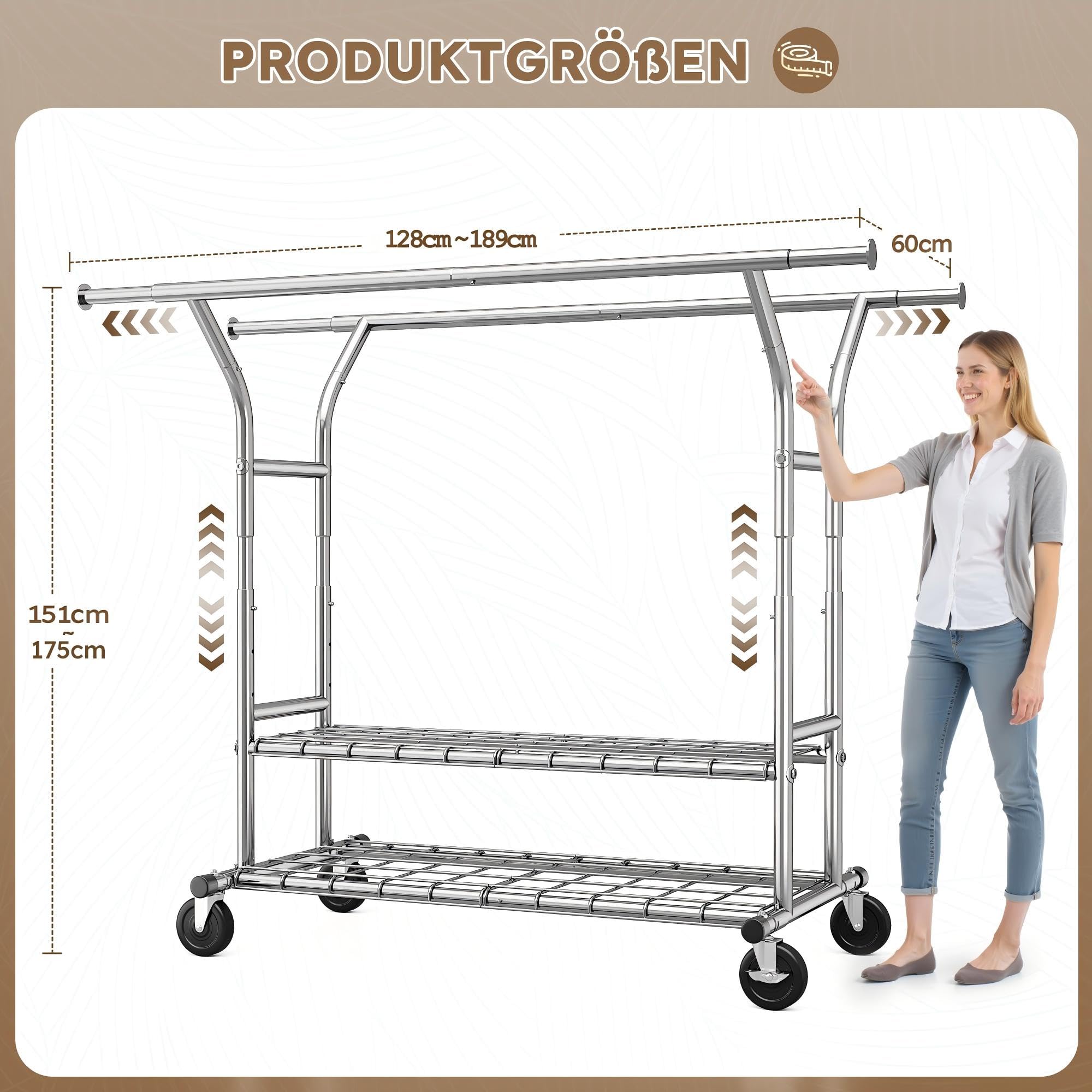 128-189cm Ausziehbare Kleiderständer auf Rollen mit 2 Lagernetzen | 200 kg Traglast, 128-189cm Ausziehbare Kleiderständer,151-175cm Höhenverstellbar Kleiderstange für Kleider,Jacken,Verchromt