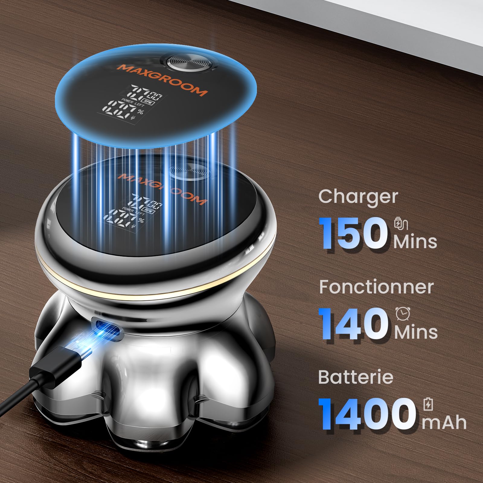 MAXGROOM 7D PRO Rasoir Tete Chauve Homme,Tête Magnétique,2 Vitesses(7500/8800 RPM) Tondeuse Crane Chauve,IPX6 (Sec & Humide), Autonomie 140 min USB-C,Idée Cadeau Pour Homme–Offert à Mari Papa