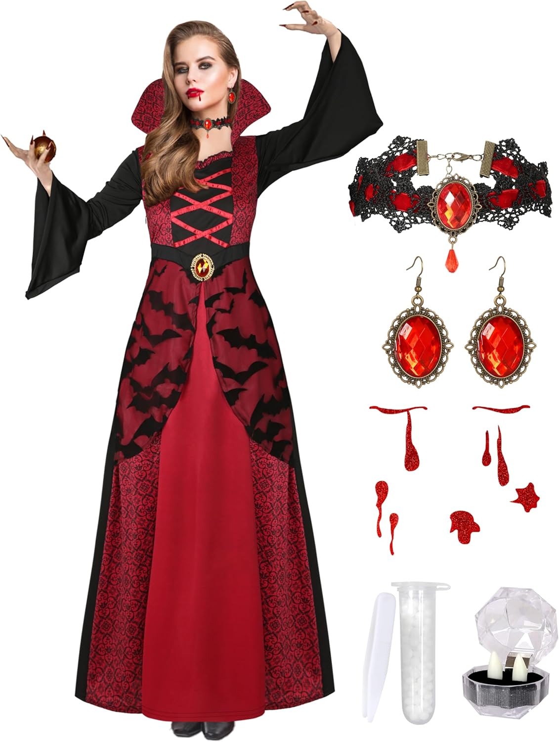 Vampire Costume for Women with teeth Accessories Gothic Vampire Dress Halloween Witch Costume Adult