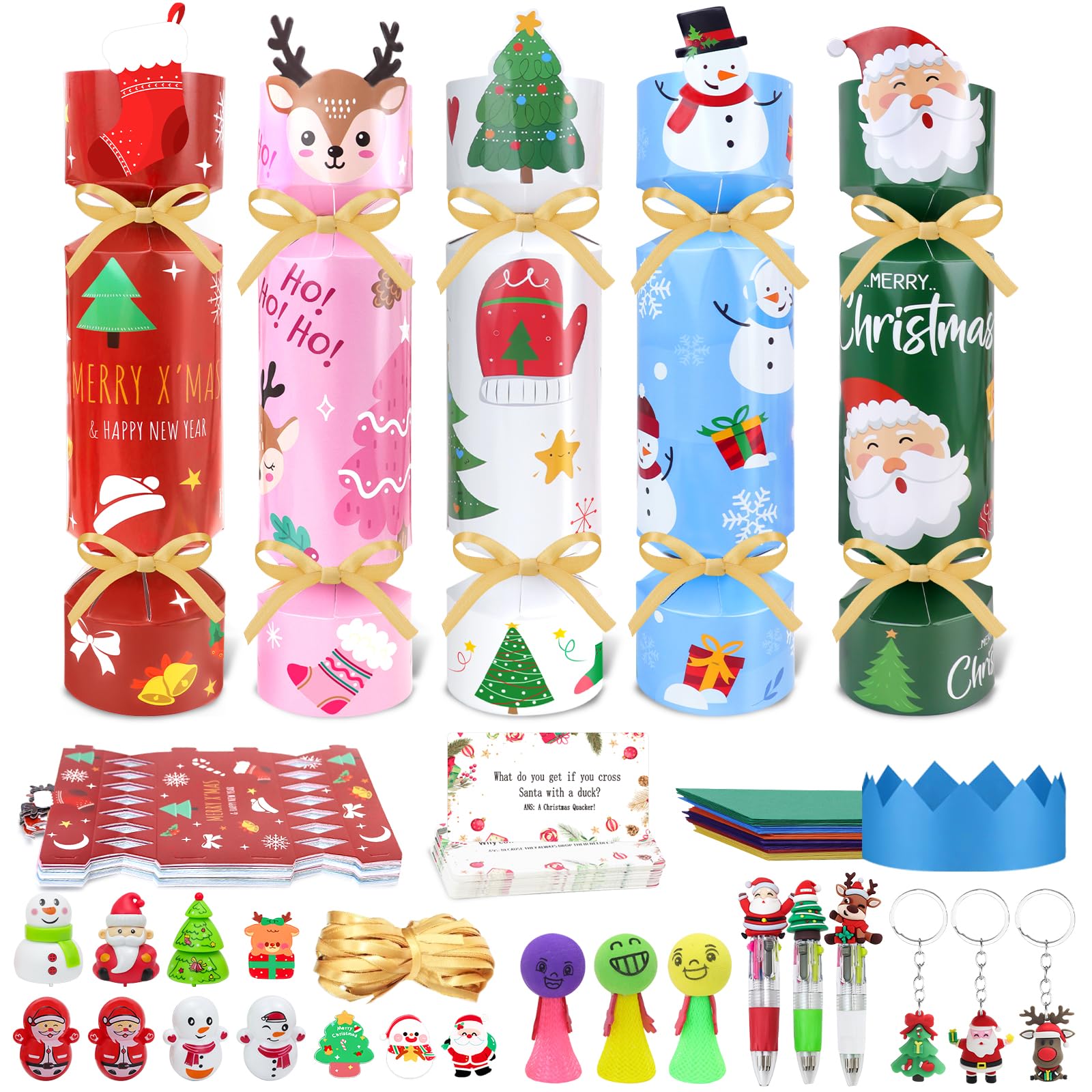 Shining She 20 Packs Christmas Crackers Luxury, Make Your Own Christmas Crackers Kit, DIY Xmas Cracker with Gifts, Unusual Xmas Cracker Candy Paper Boxes with Hats Riddle Cards for Childrens, No Snap