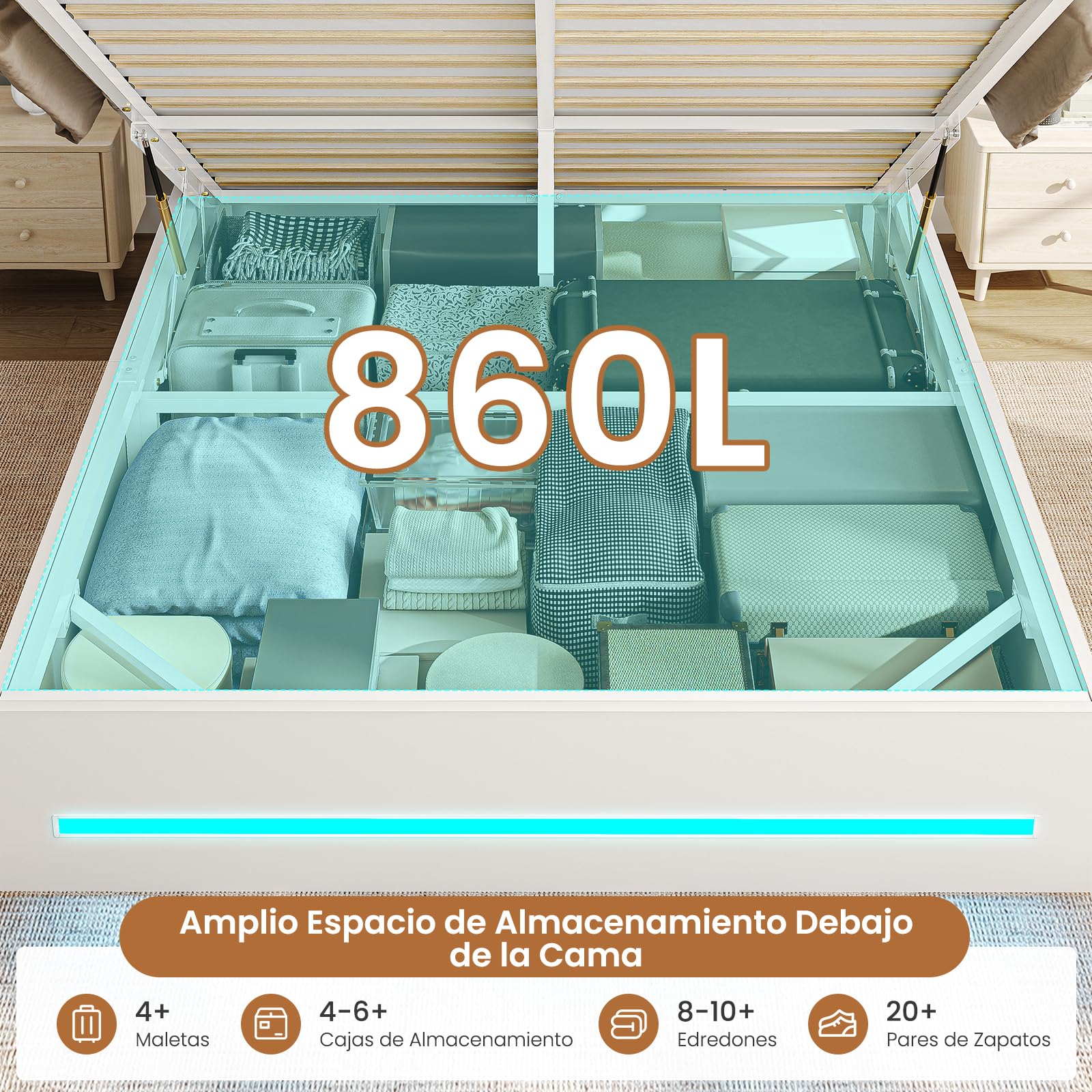 AGOLLATI Camas Matrimoniales 140x190 con Estación de Recarga y LED, Cama Canapé Hidráulica，Estructura Cama Cabecero Tapizado con 7 Compartimentos de almacenaje, Somier de Láminas de Madera, Blanco