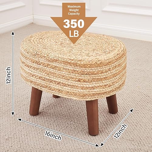 Miniatura 2 de Cpintltr Puf otomano de jacinto de agua natural, puf tejido a mano, taburete otomano bohemio con patas de pino antideslizantes para dormitorio, sala