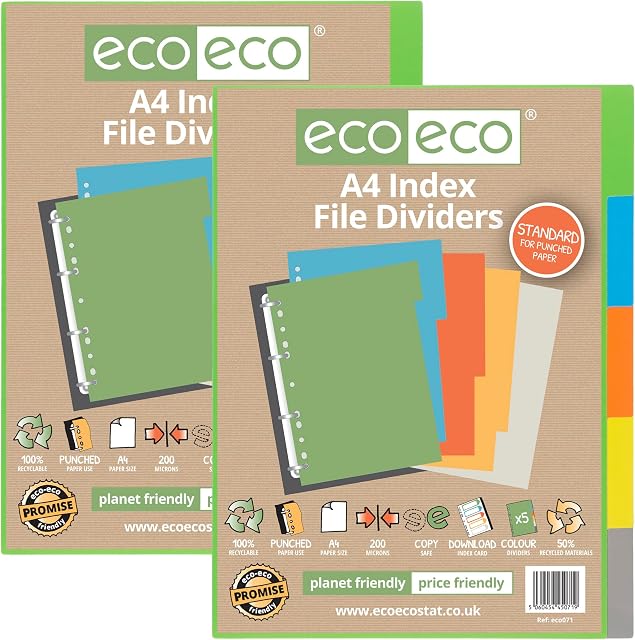 eco-eco A4 50% Recycled Multipunched Reinforced Colour Set 5 Subject Index File Dividers 200mic (Pack of 2)