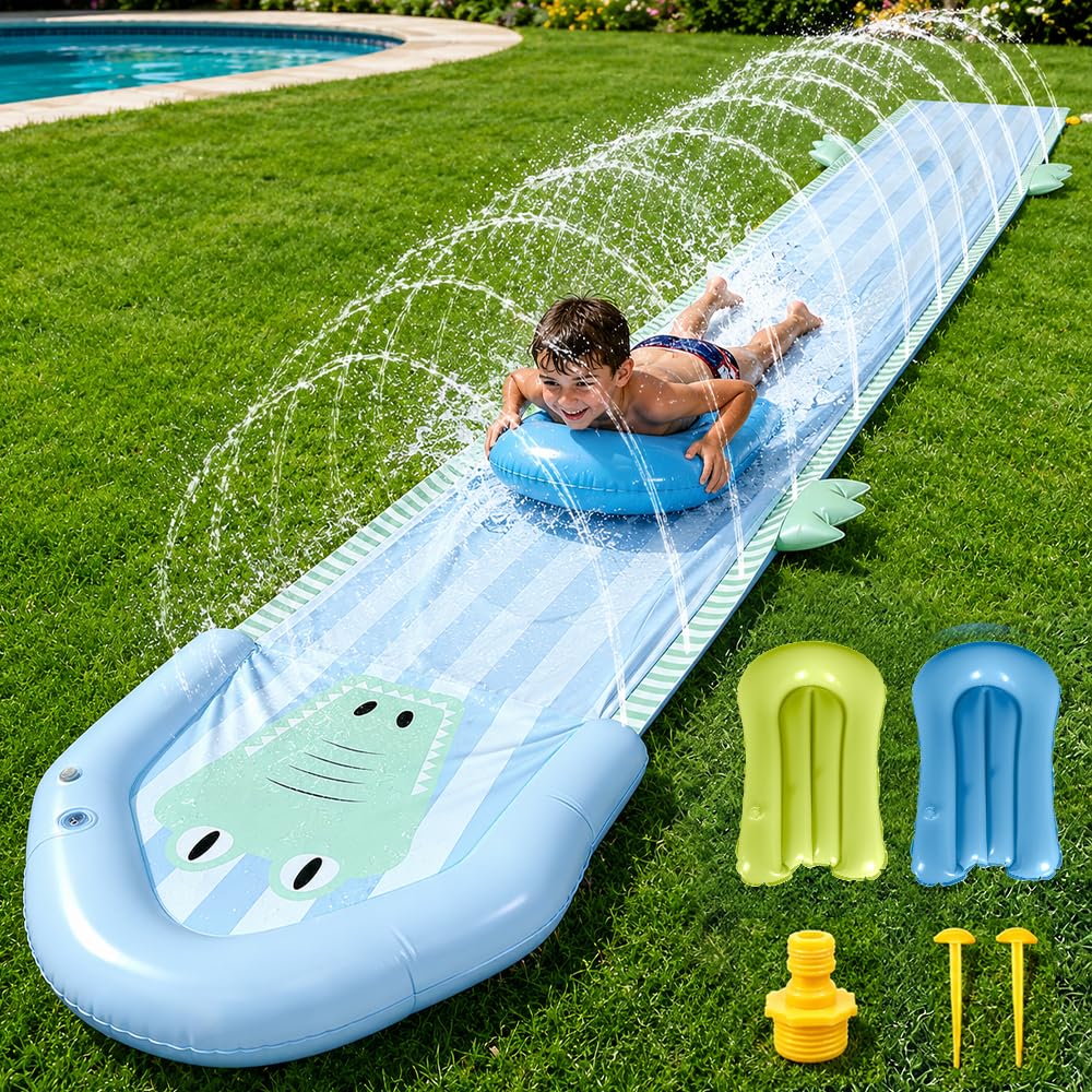 Afenau Water Slide Mat, 15.7ft/480cm Lawn Water Slides with 2 Bodyboard and Sprinkler, Single Lane, Slip n slide