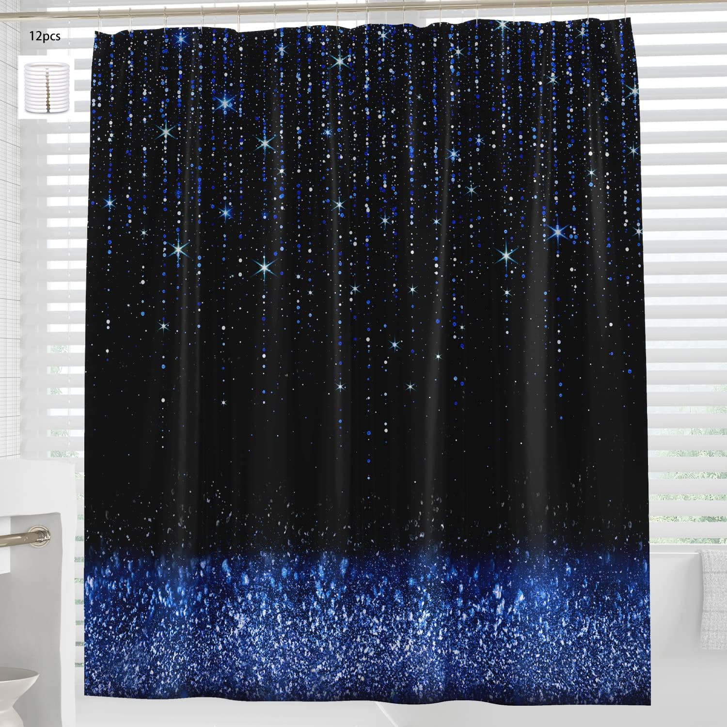 LATETOMT Royal Blue Shower Curtain Glitter Bling Shower Curtain Blue Black Shower