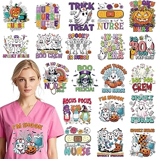 Dazoratix Halloween Nurse Iron on Transfers - 20 Sheets Cute Ghost DTF Ready to Press Heat Patches Stickers Funny Spooky Boo Vinyl Decals for Women T Shirts Clothes Clothing DIY Crafts Appliques Decor