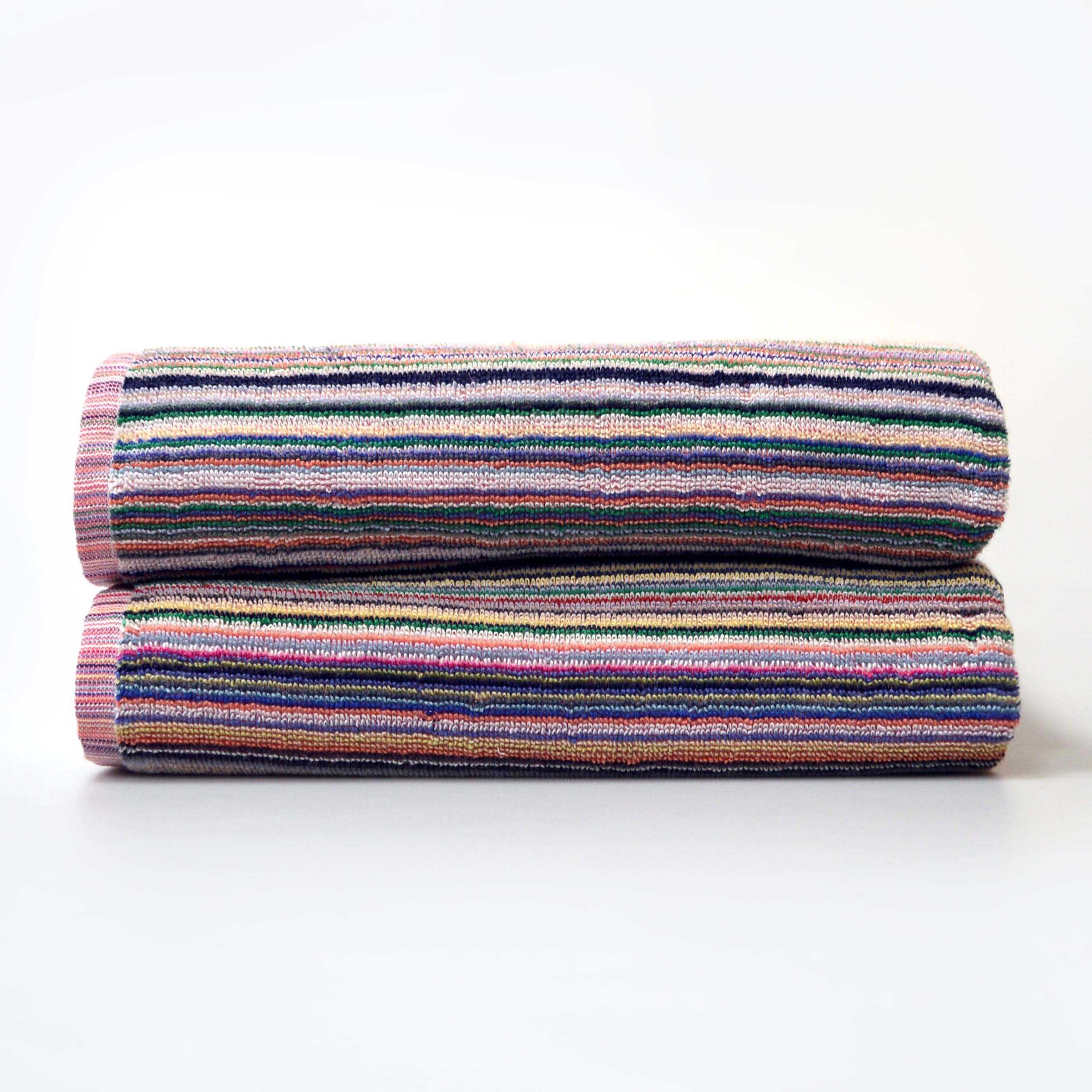 Odyssey 100% Recycled Cotton Bath Sheet Set - Multi Coloured Remnant Yarn Stripe, Absorbent, Quick Dry, 2 x Large Bath Towels 90 x 150cm, Lightweight 400GSM