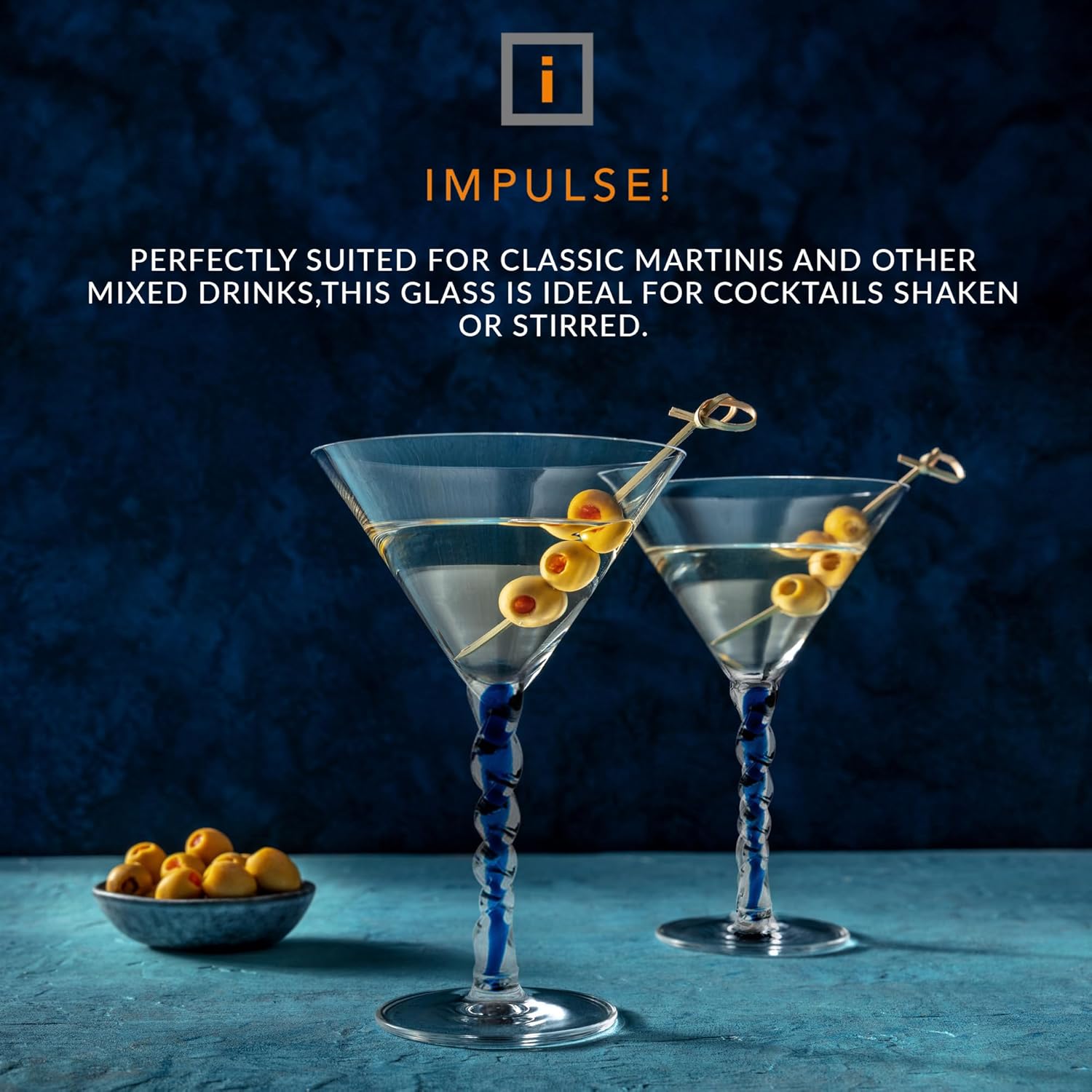 IMPULSE! Venetian Martini Glasses – Set of 4, Blue | Elegant Glassware for Classic & Modern Martinis: Dirty, Espresso, Appletinis, Cosmopolitans & More!