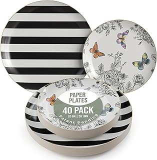 Trendables Floral Paper Plates 8.5 Inch & 10.5 Inch 40 Pcs Dinner Plate Set Fancy Disposable Plates for Party for 20 Guests 20 X 8 & 20 X 10 Large & Small Paper Plate Set for Parties Monarch