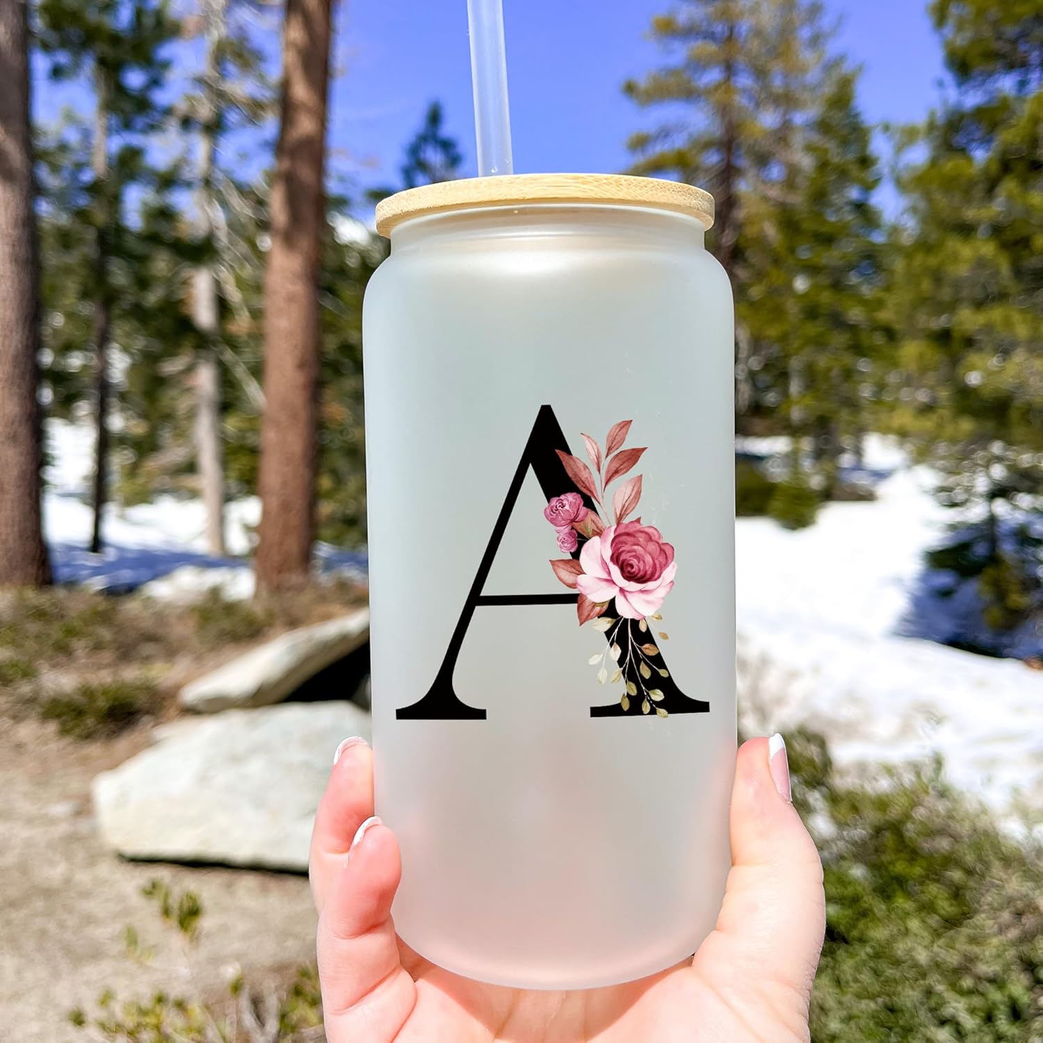 Personalized Gifts for Women, Monogrammed Frosted Glass Tumbler with Straw and Lid, Cute Customized Mug, Custom Initial Iced Coffee Glasses, Customizable Drinking Cup, Birthday Teacher Woman, V - Image 3