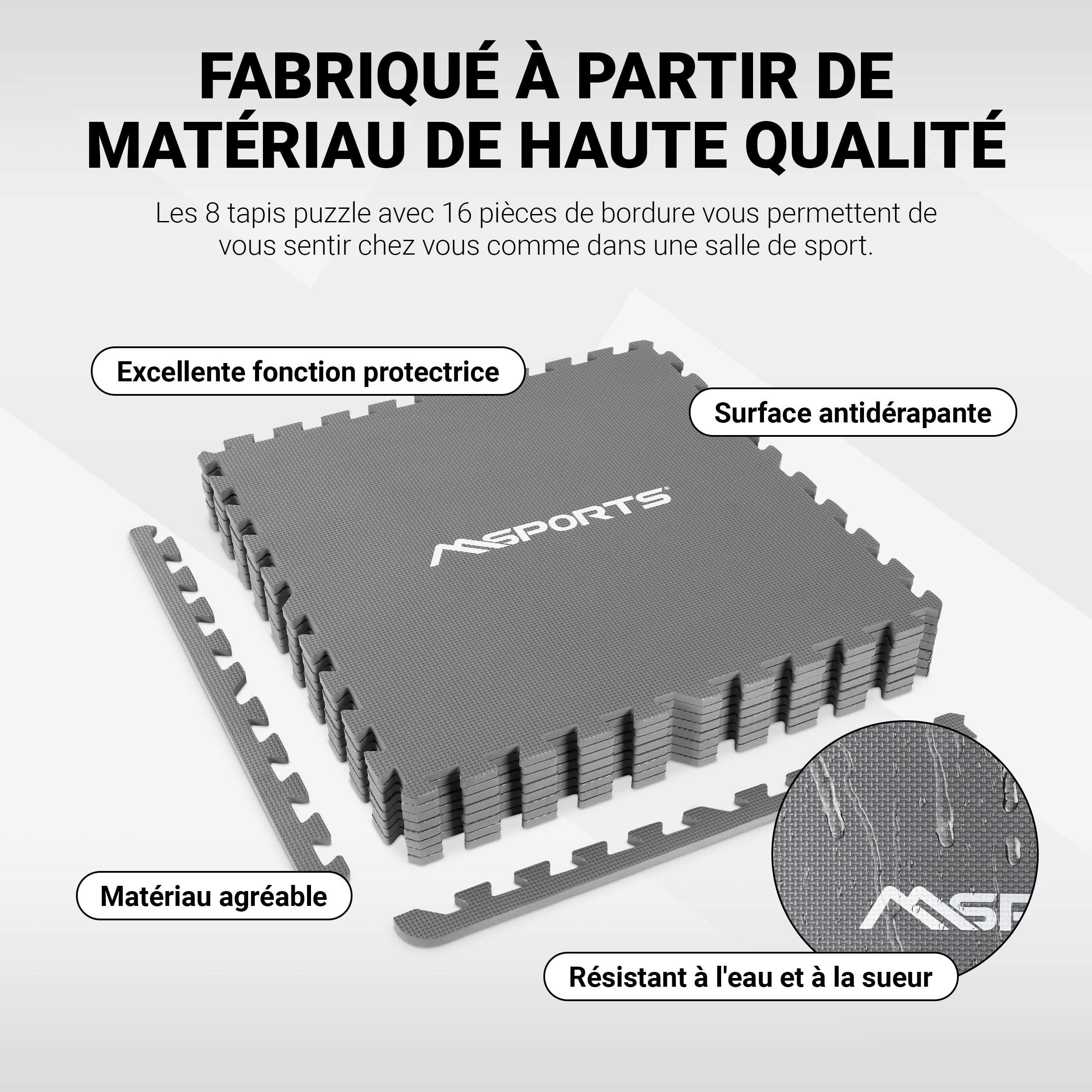 MSPORTS Lot de 8 tapis de protection de sol de qualité supérieure (3,2 m²) - Tapis de gymnastique, de yoga et de fitness antidérapants pour la gym, le yoga et l'entraînement - Gris
