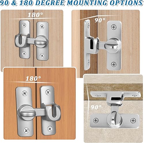 Miniatura 7 de Paquete de 2 cerraduras de puerta de granero de 90180 grados, pequeños cierres de puerta abatible, cerradura de pestillo giratorio, cerraduras de