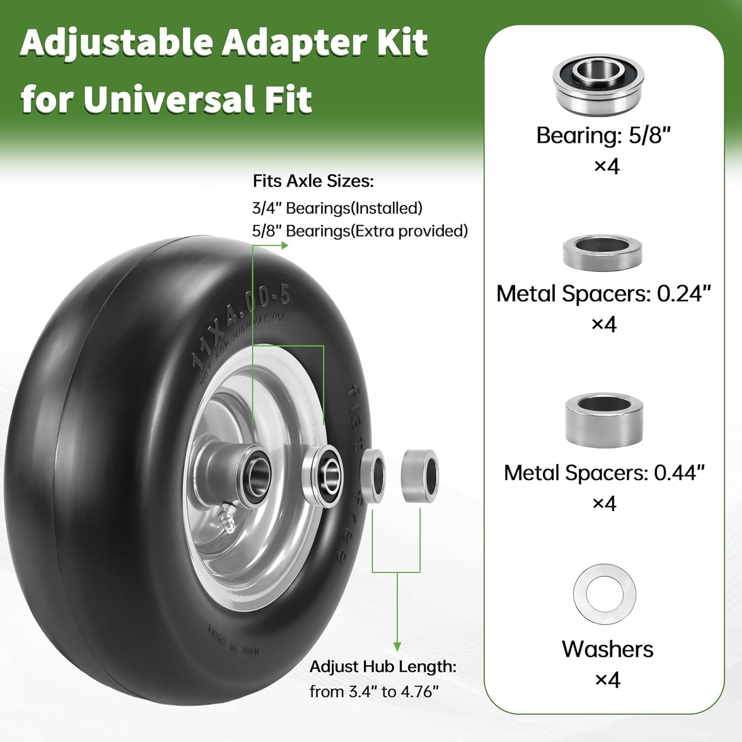 2 Pcs 11x4.00-5 Flat Free Tire and Wheel, 3.4" Centered Hub, 3/4" & Extra 5/8" Bearings, Smooth Tires with Solid Polyurethane, 11x4-5 Lawn Mower Tire Replacement for Zero-Turn Front Tires, Gray