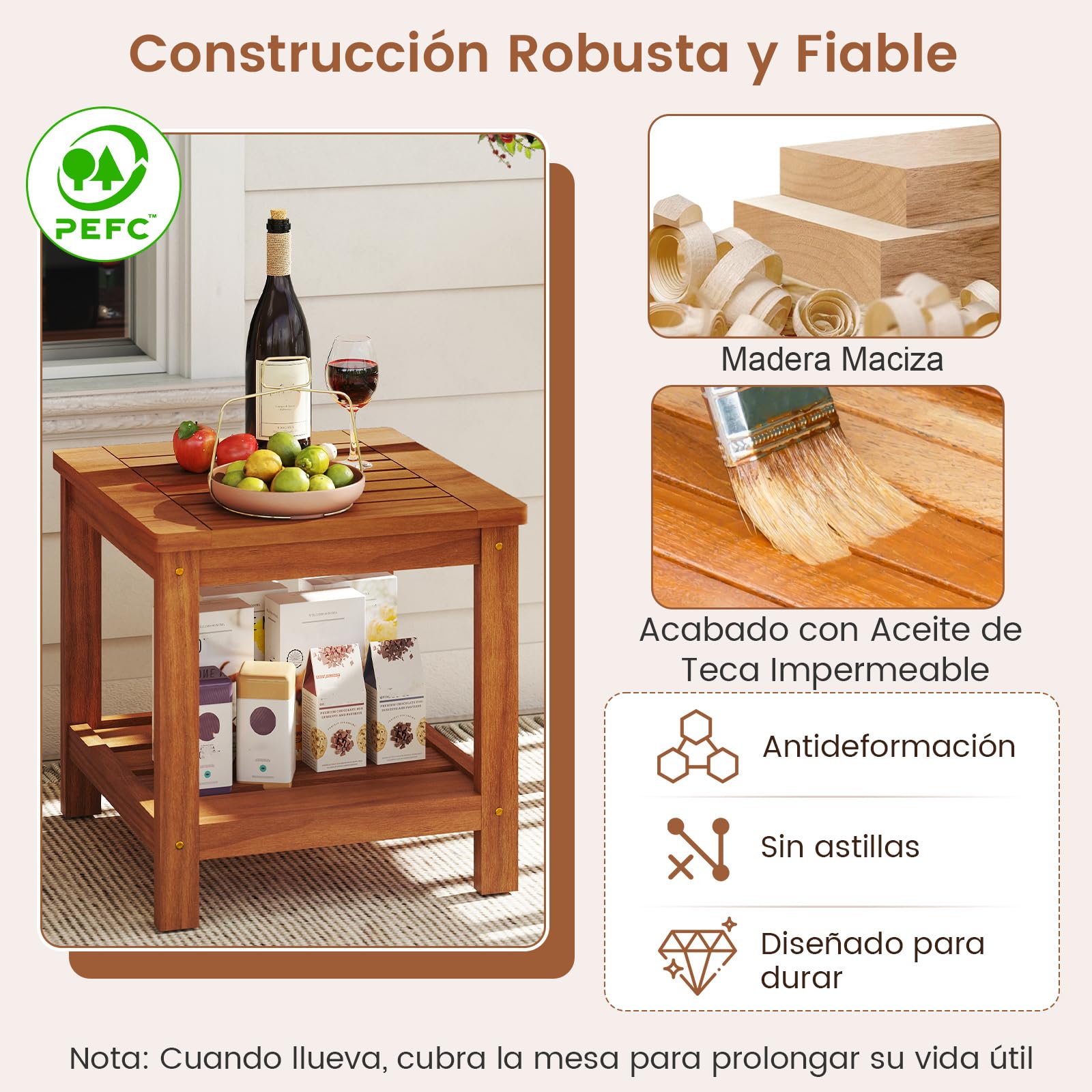 COSTWAY Mesa Auxiliar Madera Acacia, 45x45x44 cm, Mesa Terraza Exterior de 2 Niveles, Cuadrada Baja Jardin Balcon Exterior Interior Piscina Patio, Natural (44cm)