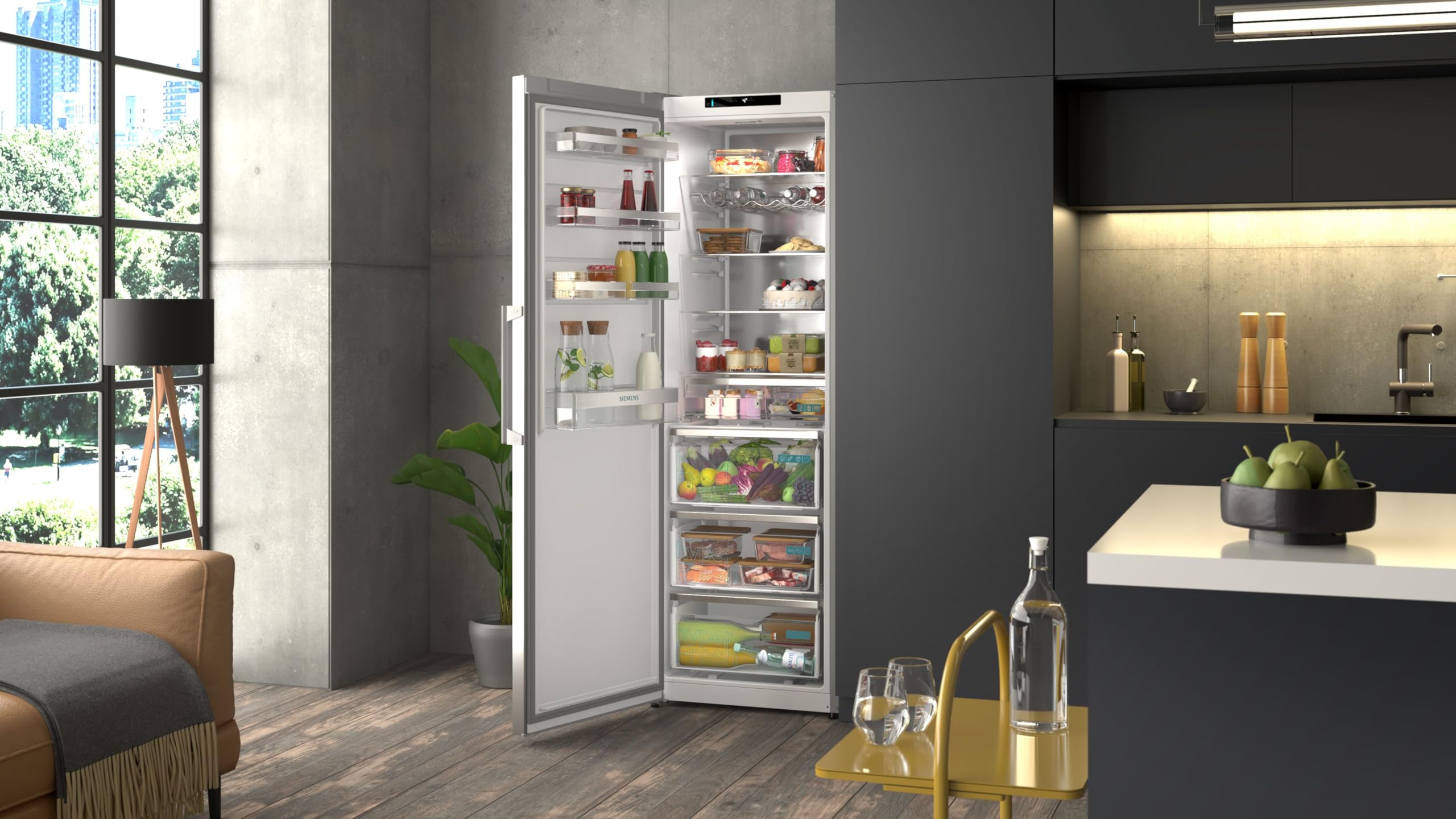 Siemens iQ300 Freistehender XXL Kühlschrank 186,2 x 59,5 cm, KS36NVICG, 402 L Kühlen, Total noFrost, hyperFresh 0°C Schubladen, LED-Beleuchtung, Metall-Rückwand, antiFingerprint Edelstahl