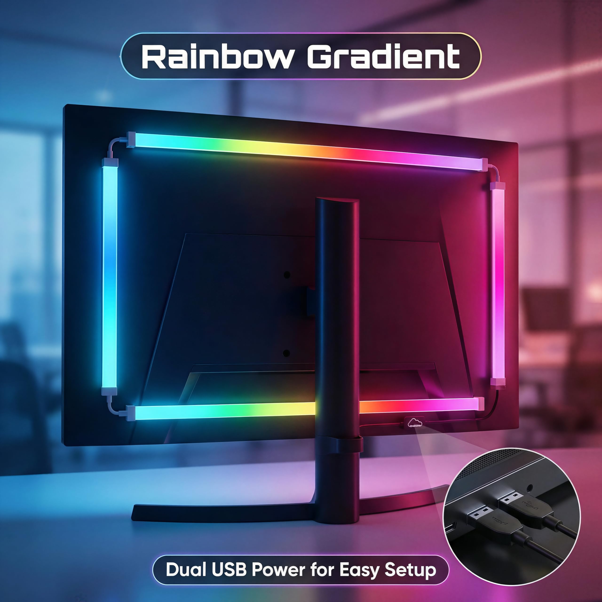Retroilluminazione per monitor RGB con sincronizzazione schermo, kit di illuminazione ambientale con doppia alimentazione USB per monitor PC da 24 pollici, modalità musica, luci da gioco
