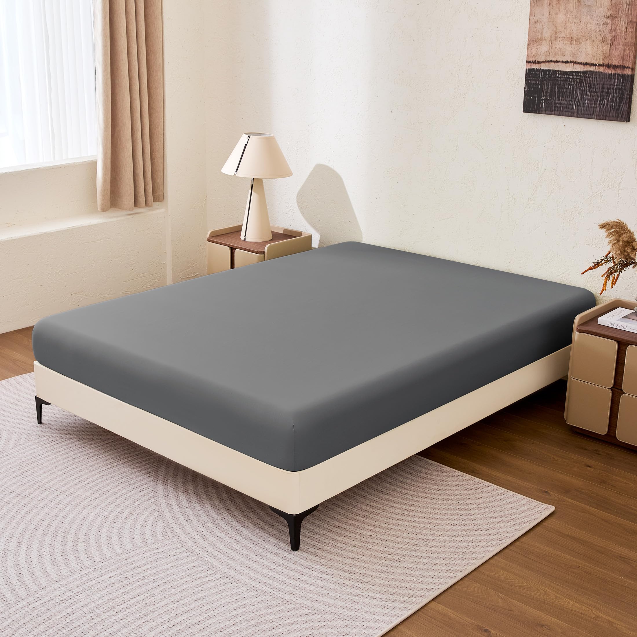 Amazon Basics Soft Fitted Sheet, Lightweight Bottom Sheet, 14-Inch Deep Pocket, Durable and Long Lasting, Easy Care, Queen, Dark Gray, Pack of 1 - 3