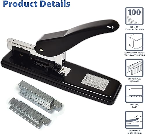 Miniatura 3 de Better Office Products Engrapadora comercial resistente con 2,000 grapas, acero pulido negro, alta capacidad de 100 hojas, palanca ergonómica