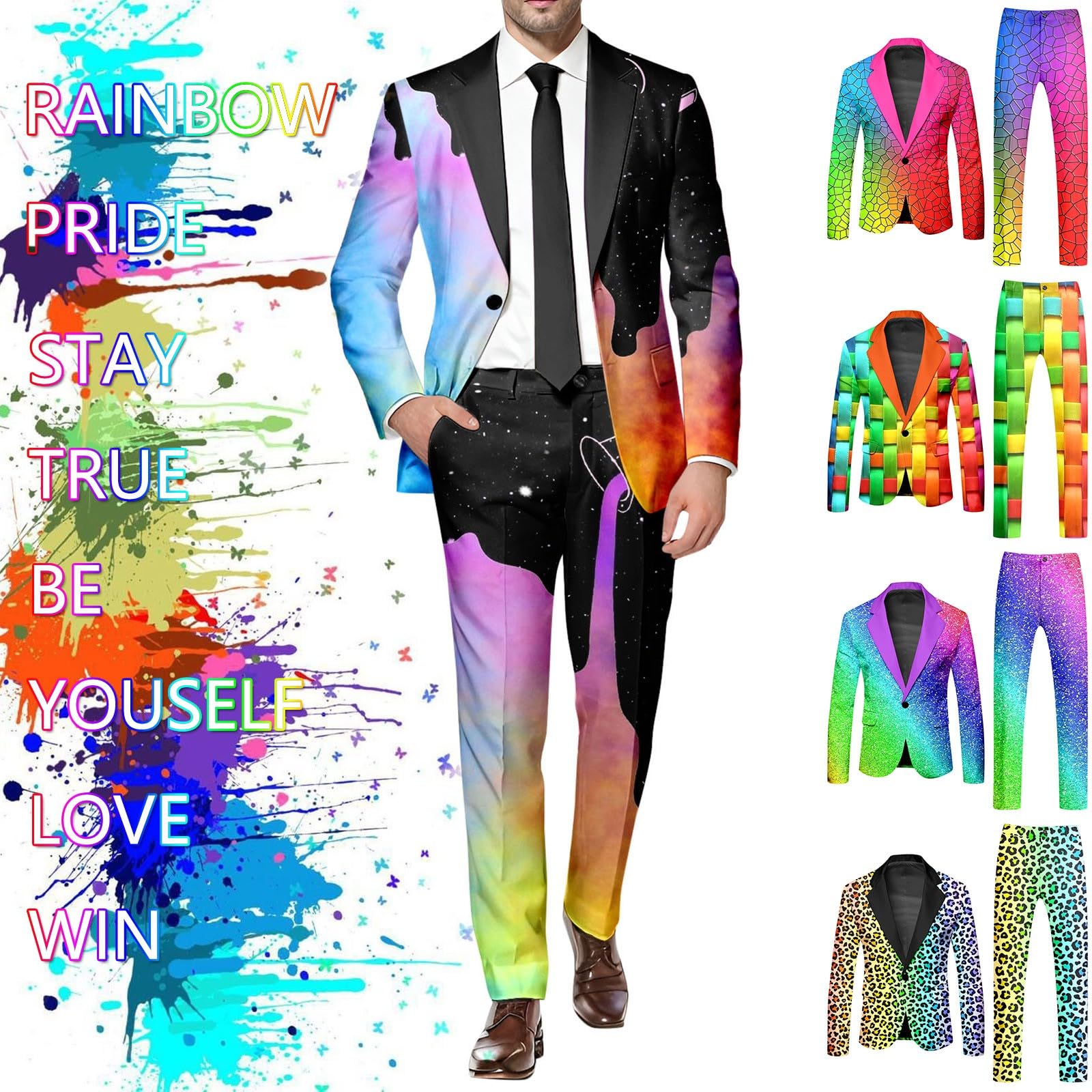 Herren Anzug 2 Teilig Slim Fit Herrenanzug Sakko Hose Knopf Smoking Anzug für Halloween Cosplay Karneval Fashion Outfit Männer Regenbogen Anzug