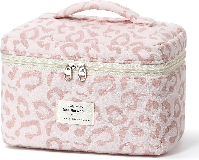 Necessaire de maquiagem acolchoada TESAFNG com estampa de leopardo, Light Pink Leopard, Pacote com 1