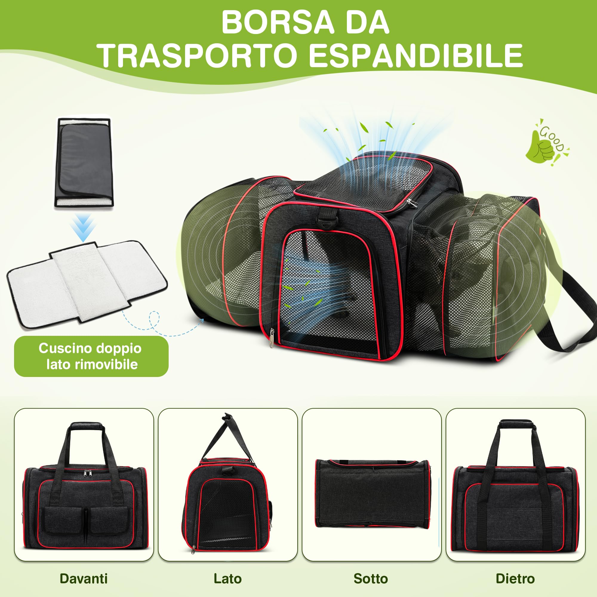 ALLSOPETS Trasportino per Cani Gatti Espandibile Trasportino Pieghevole per Gatti con Morbido Cuscinetto in Pile Rimovibile per Viaggio Escursioni Campeggio (Nero, L)