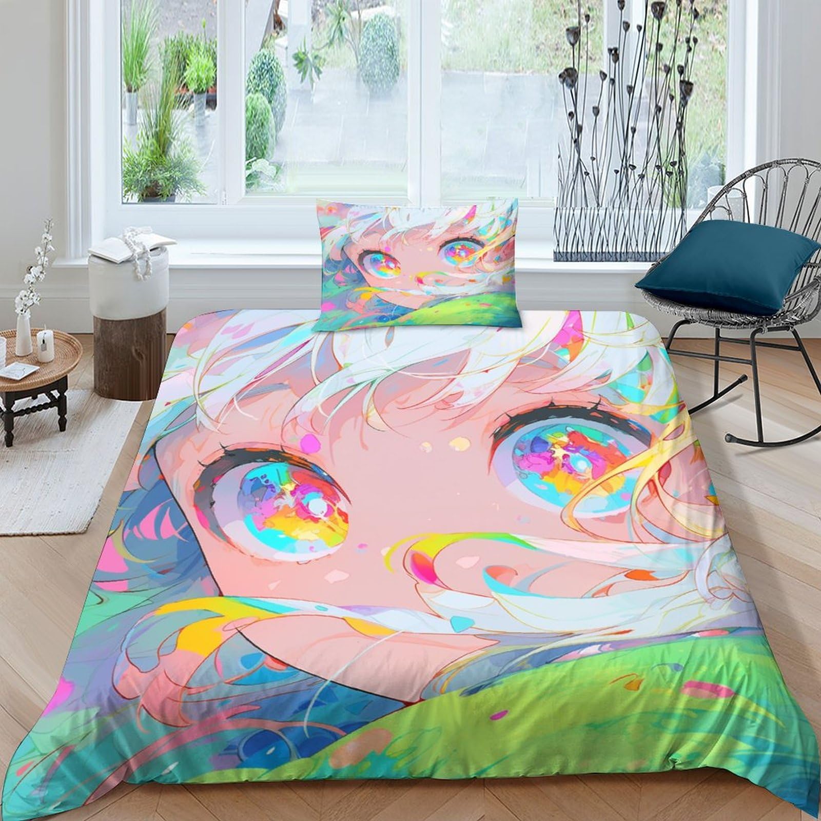 Housse de couette 3D anime bleu pour lit enfant avec parure de lit microfibre douce