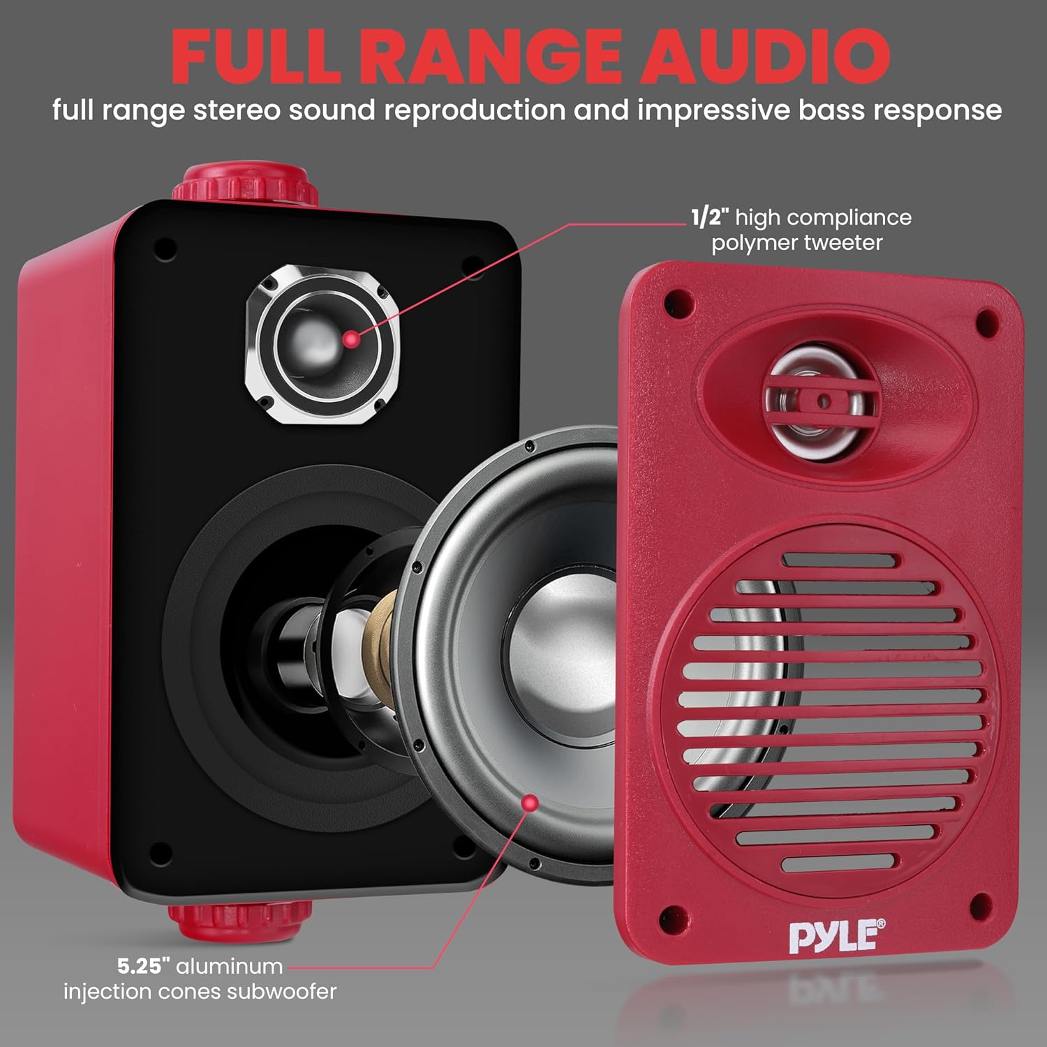 Pyle 200 Watt Bluetooth Indoor Outdoor Speakers Pair - Dual Waterproof 3.5” 2-Way Full Range Speaker System w/ 1/2” High Compliance Polymer Tweeter | Home, Boat, Marine, Deck, Patio, Poolside (Red) - Image 2