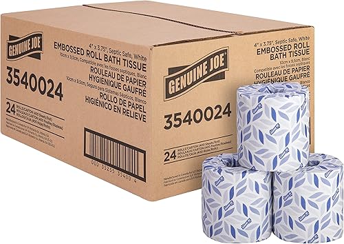 Miniatura 6 de Genuine Joe papel higiénico con relieve, 2 capas, seguro para fosas sépticas, envuelto individualmente, 4.5" x 3.75", 500 hojas/rollo, 96
