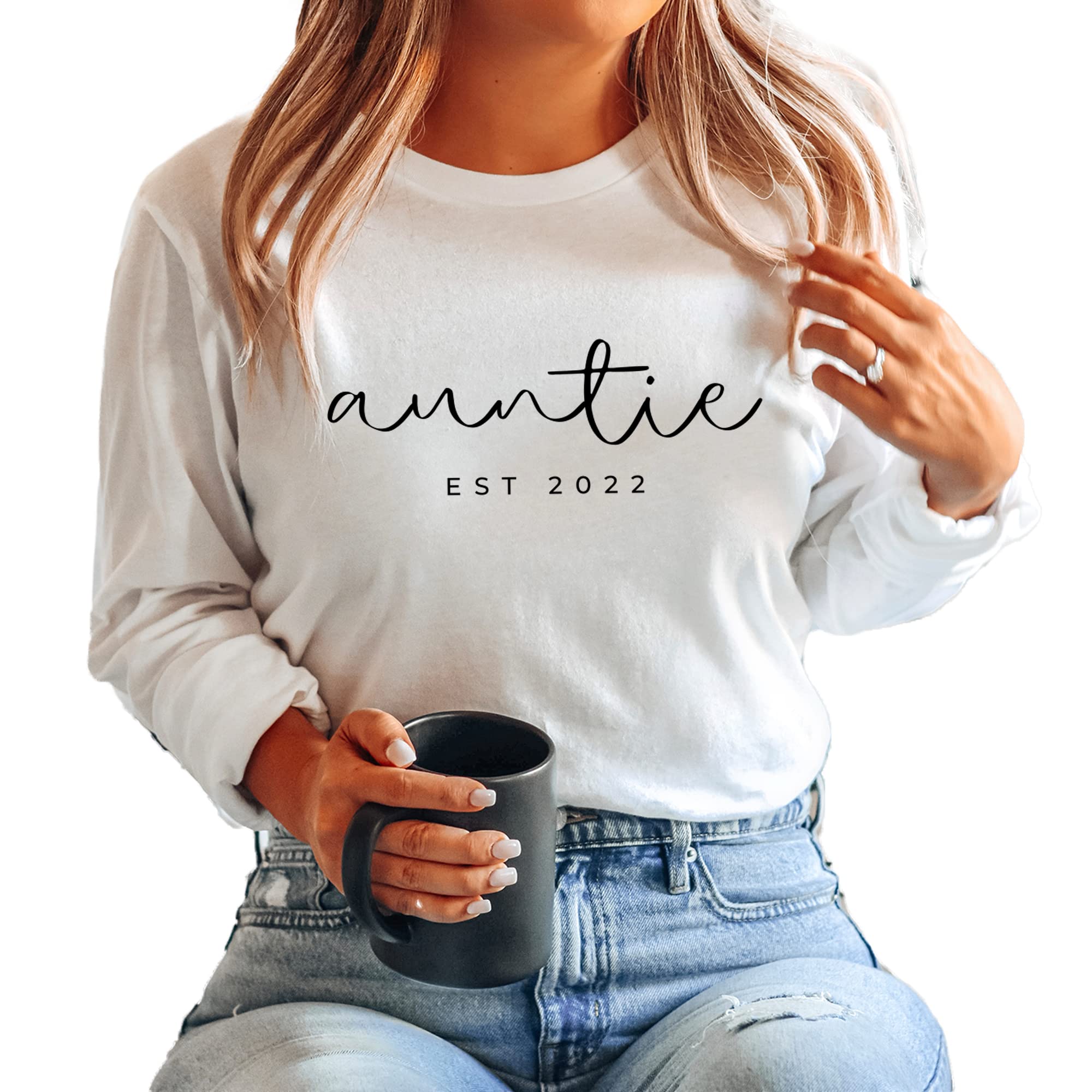 Verita Culture Auntie Custom Est year Soft Long Sleeve T Shirts Women Cute Aunt Gift Tee Shirts Funny Graphic Casual Short Sleeve Tee Top White