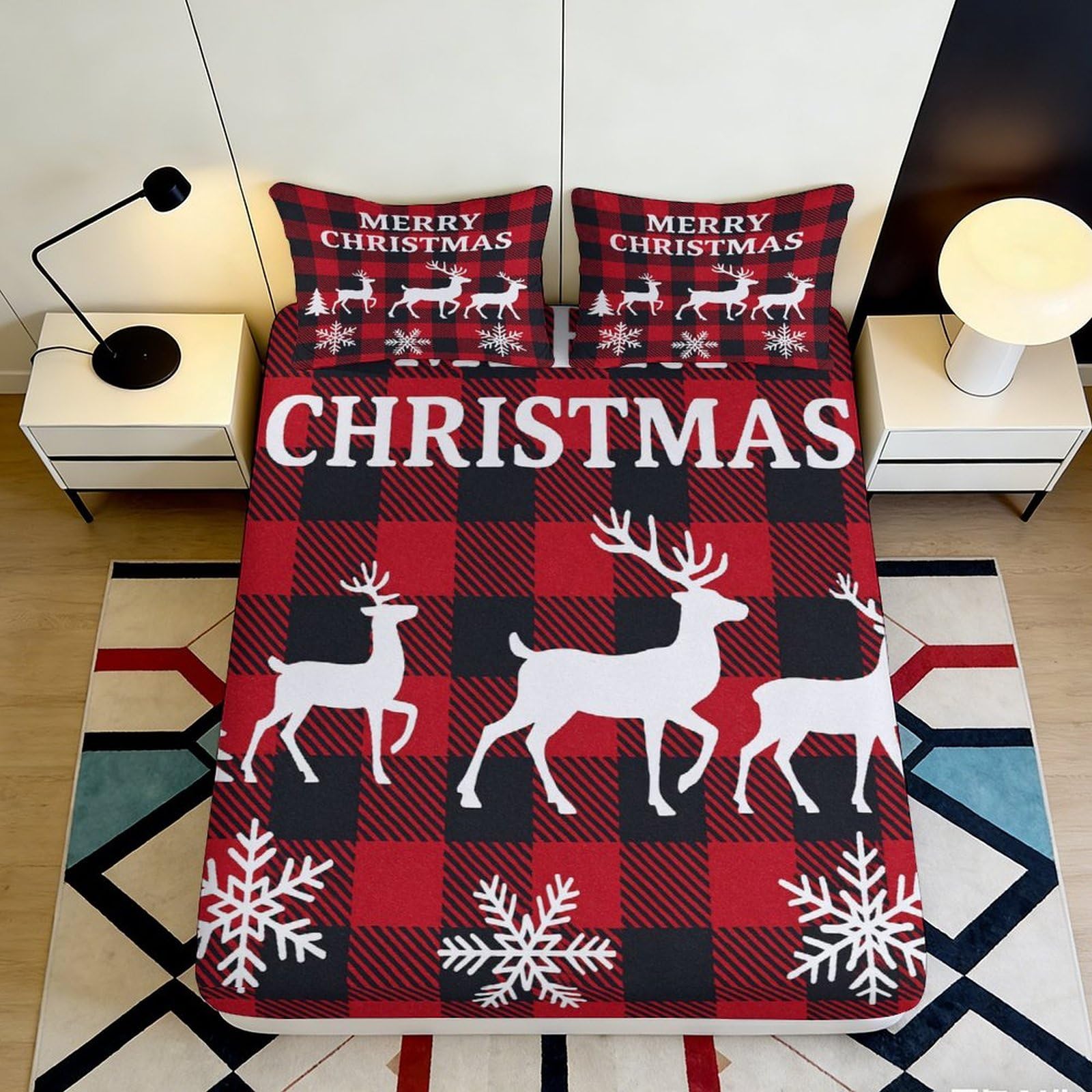 3D Printed Christmas Reindeer Fitted Sheet Microfiber Red Plaid Snowflake Mattress Cover Non-Slip Washable for Bedroom Guest Room 140x200x25cm
