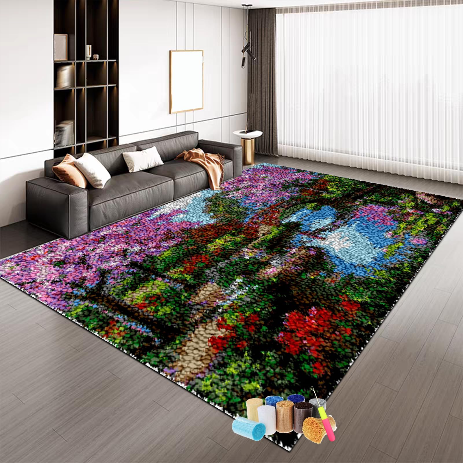 Tehocwiz Zestawy haczyków do haftu krzyżykowego zestaw do szycia z wiązaniem ściegiem 130x150 cm zestaw do tworzenia dywanów i płótna, zestaw do haftu z haczykiem dla dorosłych, początkujących