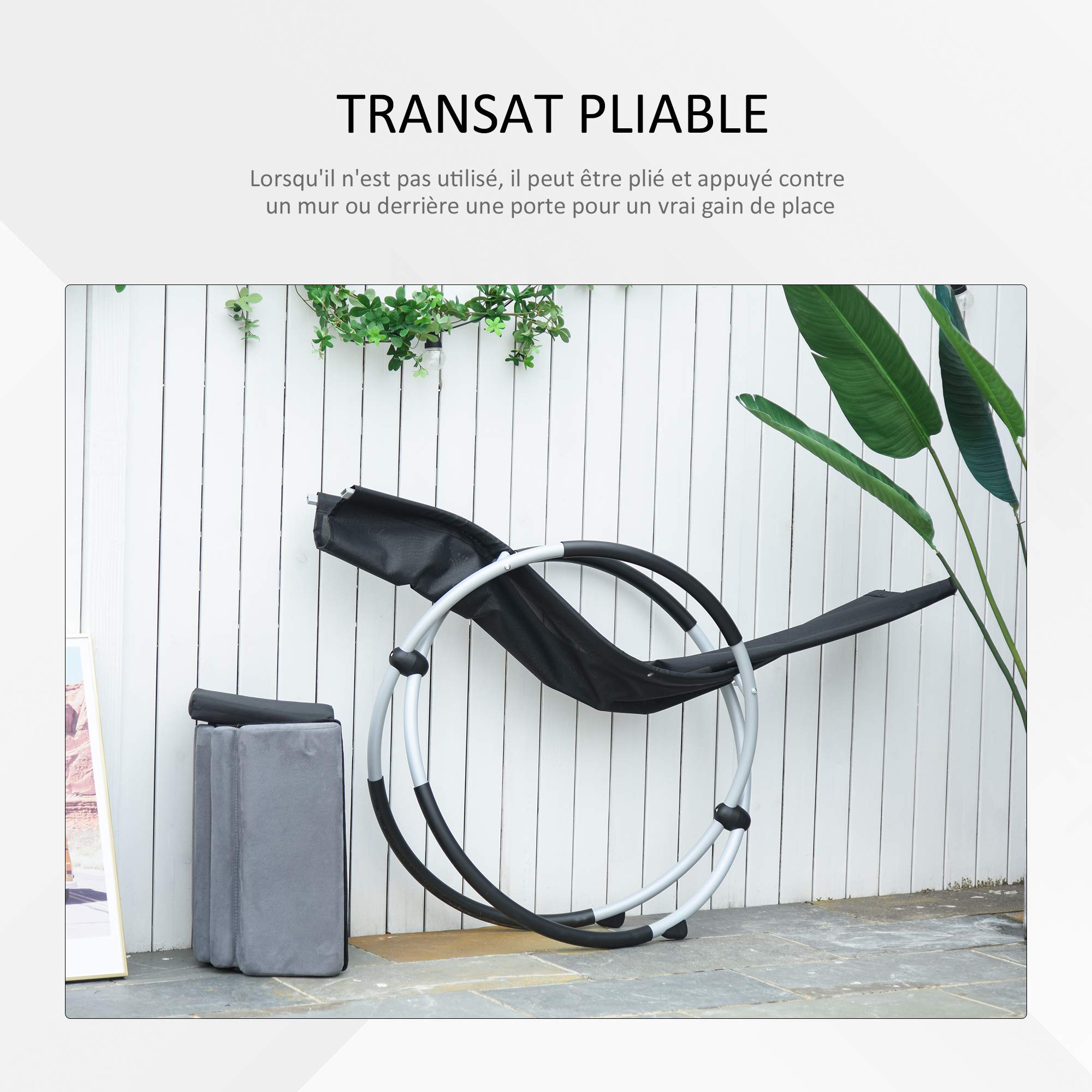 Outsunny Chaise Longue à Bascule Pliable Rocking Chair Design Contemporain avec Matelas revêtement Aspect Daim métal textilène Gris Noir