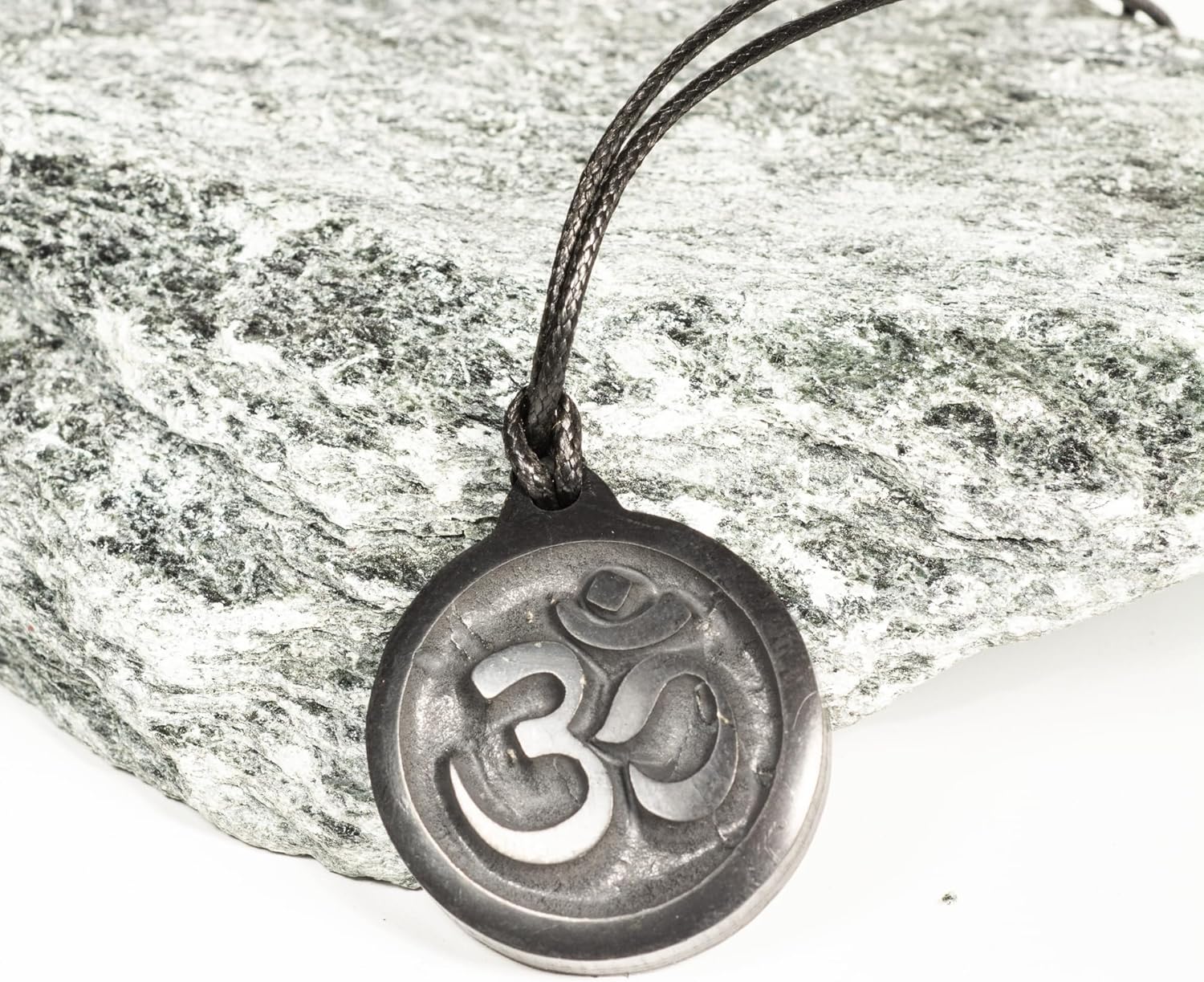 Om Symbol Shungite Pendant Necklace, Black Natural Stone, 1.45 Inch Hand-Engraved Design with Adjustable Cord 12-26 Inch, for Spiritual Prayer