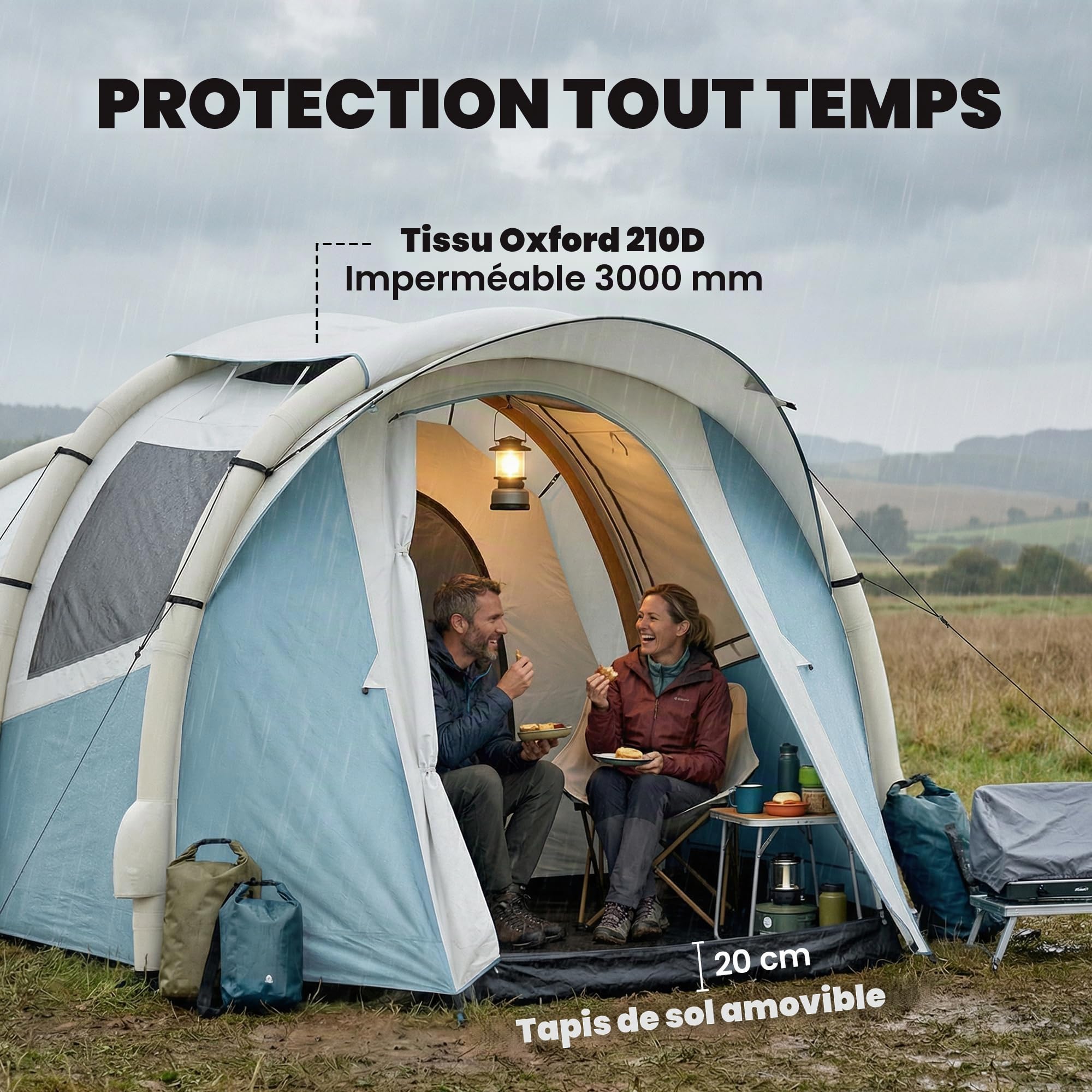 Outsunny Tente de camping gonflable avec pompe à air, installation facile pour 2 à 3 personnes, 3 000 mm, étanche avec 2 pièces, fenêtres, portes et sac de transport