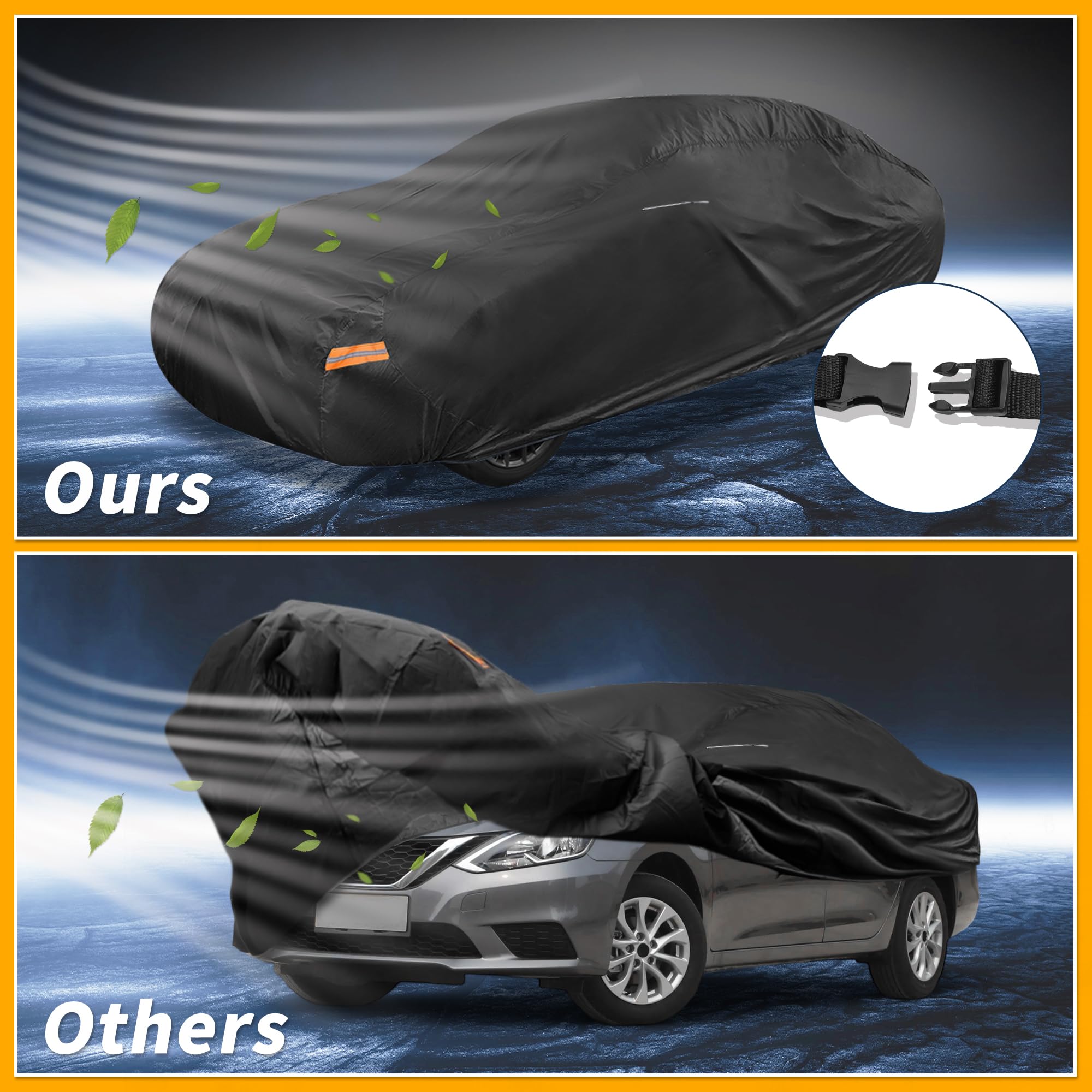 Partuto Waterproof All-Weather Universal Sedan Car Cover with Right Side Zipper Mirror Pocket 210D-PU Black Fits for Sedan — view 5