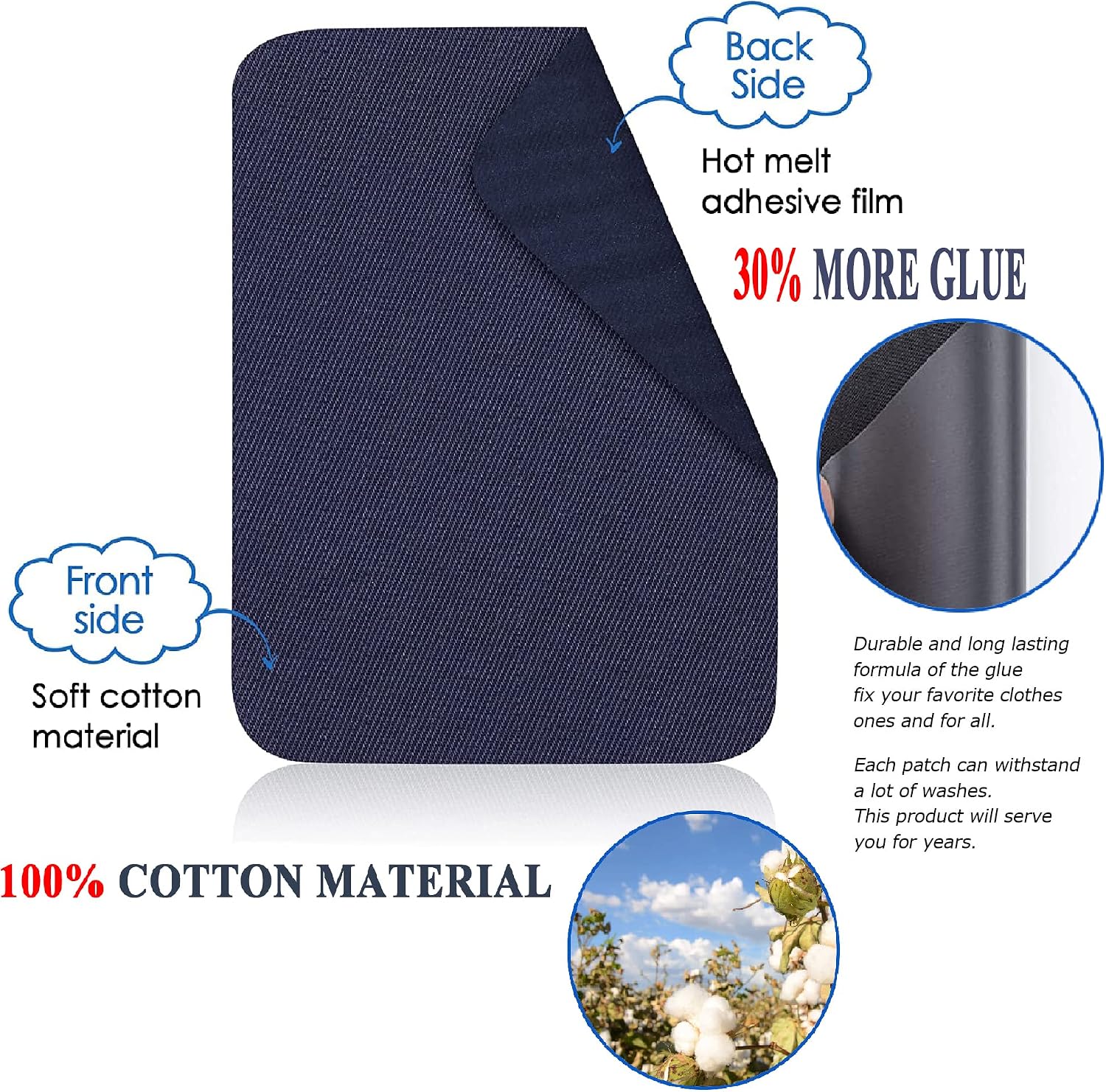 Harsgs 12PCS Fabric Iron on Patches Inside & Outside Strong Glue 100% Cotton Repair Patch for Clothes Pants Mending and Decorating, White