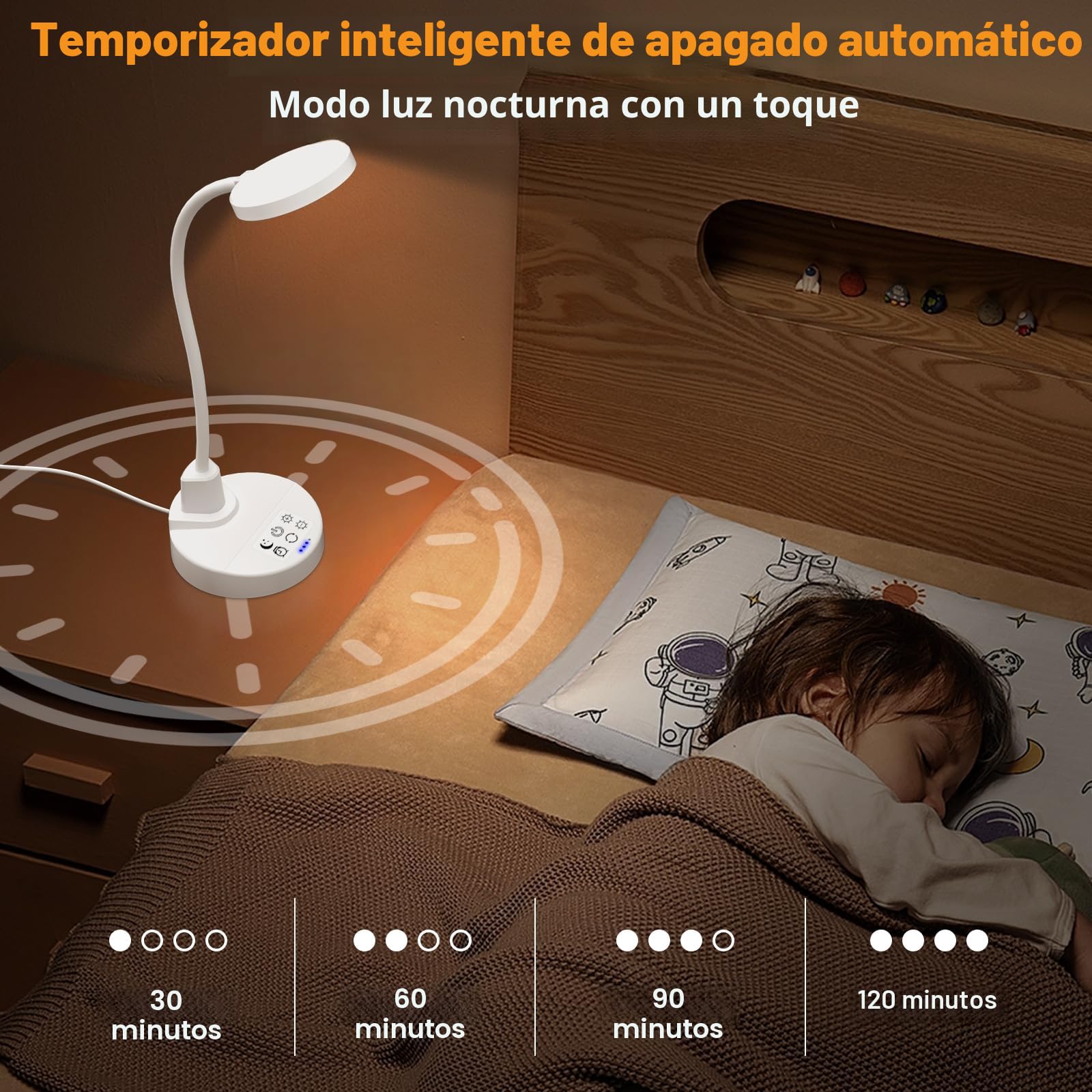 Lámpara de escritorio LED de 15W con USB-A y USB-C – Regulable, 3 temperaturas de color, 5 niveles de brillo, 4 temporizadores, cuello de cisne flexible de 360°, protección de los ojos