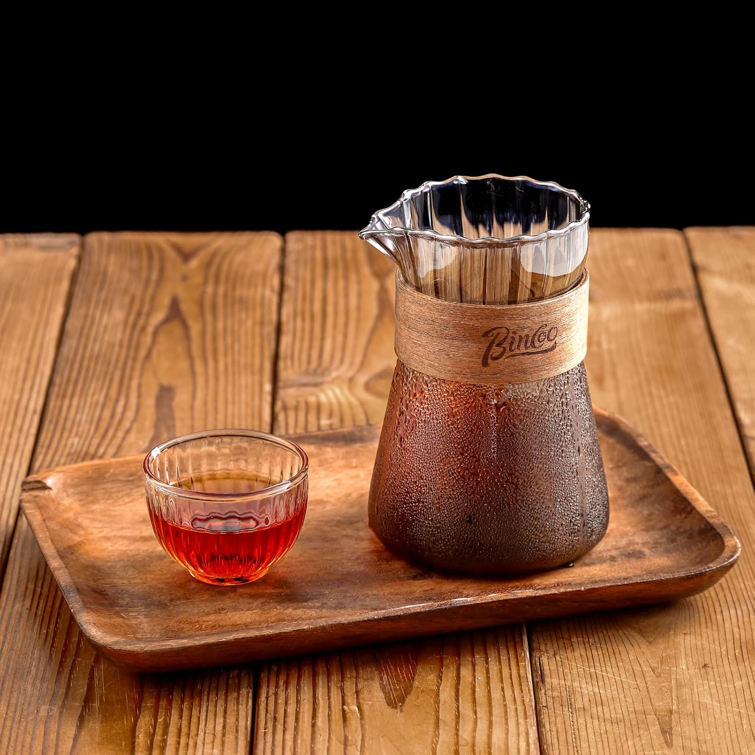 Small Glass Coffee Server Set of 2 - Manual Pour Over Coffee Maker 16oz, Borosilicate Glass Coffee Carafe with Heat-Resistant Wood Ring,2 Pack