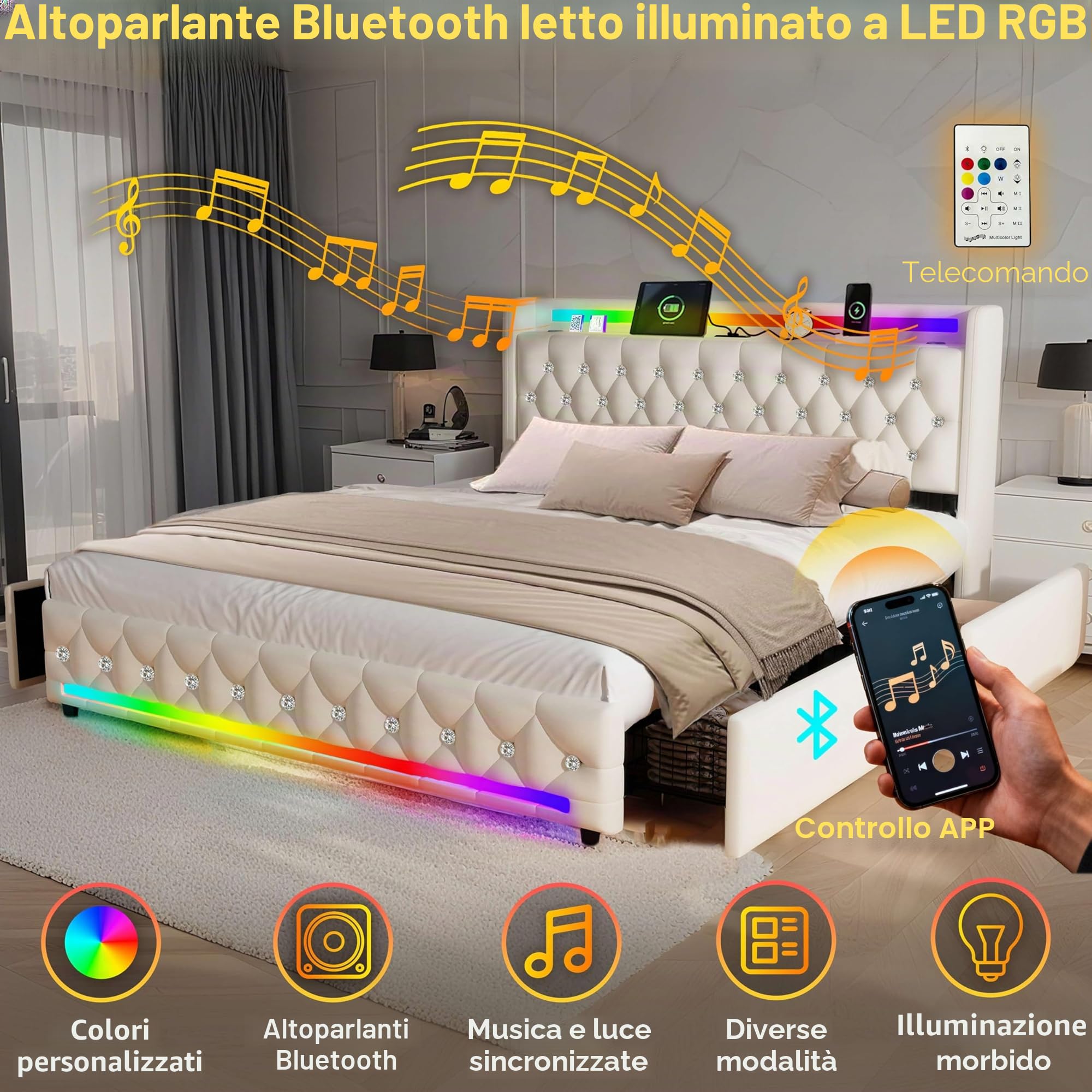 Letto Imbottito Moderno con Illuminazione LED, Altoparlante Bluetooth, 4 Cassetti di Archiviazion, Tessuto in Velluto con Ricarica USB/Type-C,160x200 cm, Beige