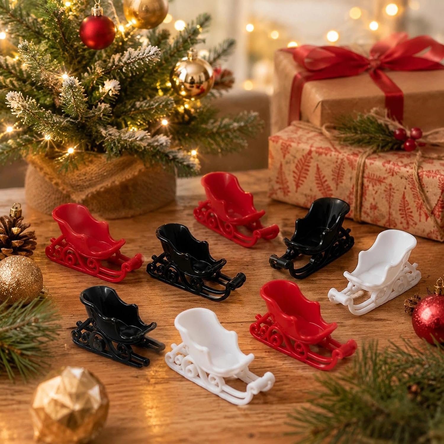 LOGOFUN 12Pcs Mini Christmas Sleigh Decorations Colorful (7cm) | Small Santa Sleigh Ornamets; Tiny Sled Figurine for Xmas Party Table Adornment