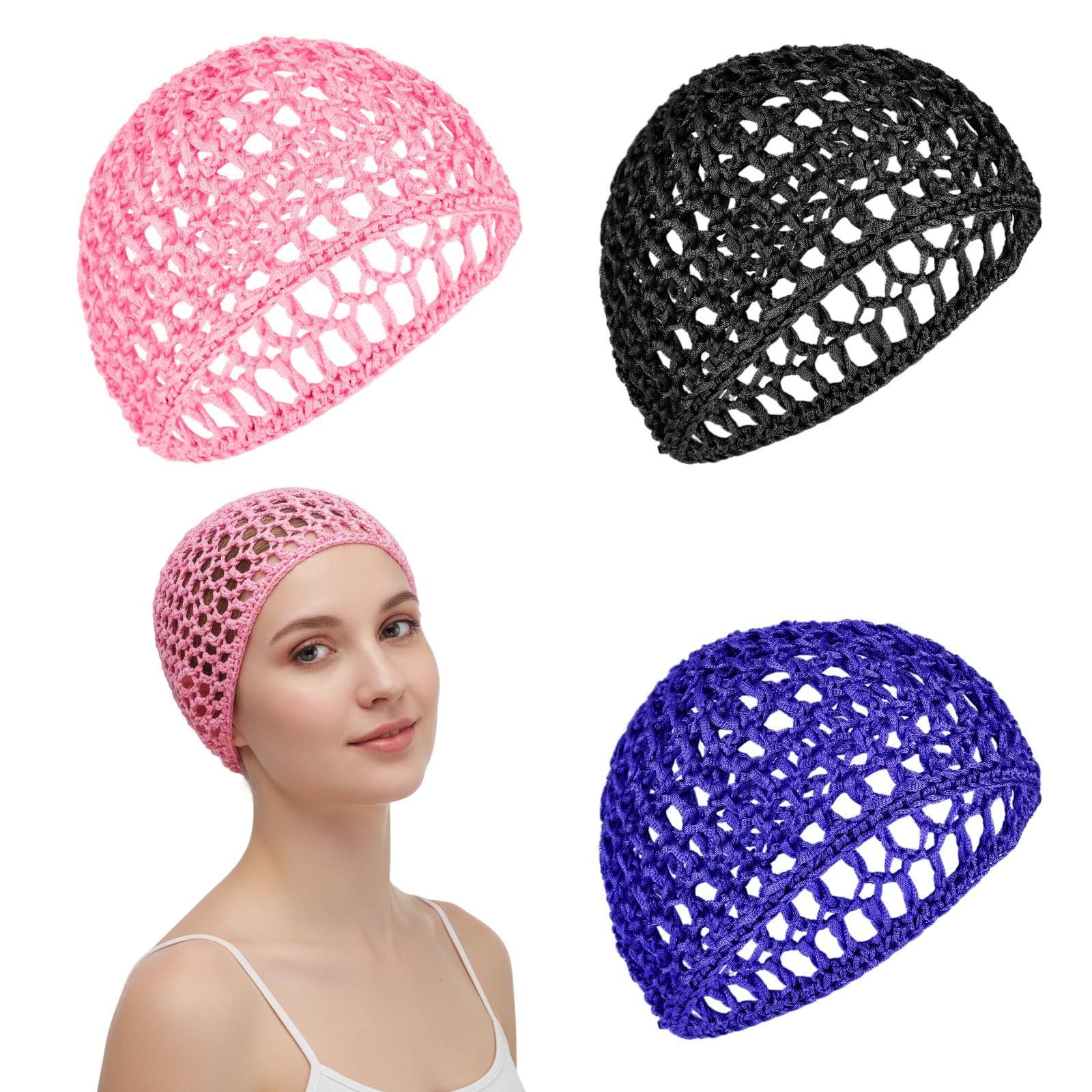 Muiltvoe 3Pcs Hair Nets for Sleeping in, Elastic Crochet Hair Net Soft Hair Wrap Net Reusable Knit Hairs Snoods for Women Thick Long Short or Curly (Black Pink Purple)