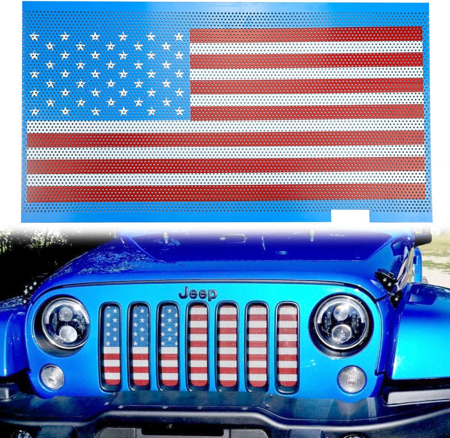 Front Grill Mesh Grid Grille Screen Insert American Flag Design Compatible with 2007-2020 Jeep Wrangler JK 2/4 Door