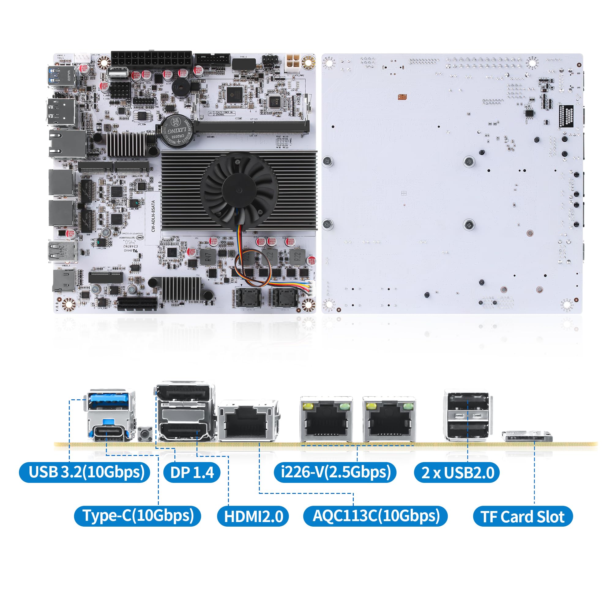 CWWK NAS Motherboard 8 Bay con 10GbE RJ45 LAN, N150 CPU Mini ITX Placa Base Blanca M8 (N100 Upgrade), 2 x NVMe, Dual 2.5Gb Ethernet, M.2 WiFi, USB-C, DDR5 NO RAM/SSD, PCIe x1, TF