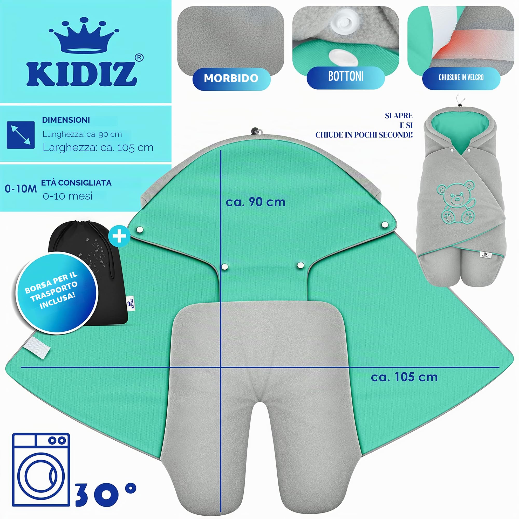 KIDIZ® Coperta invernale con cappuccio + borsa universale per ovetto, seggiolino auto, ad esempio per Maxi-Cosi, Römer per passeggino, passeggino e tutti i sistemi di cinture a 3 e 5 punti